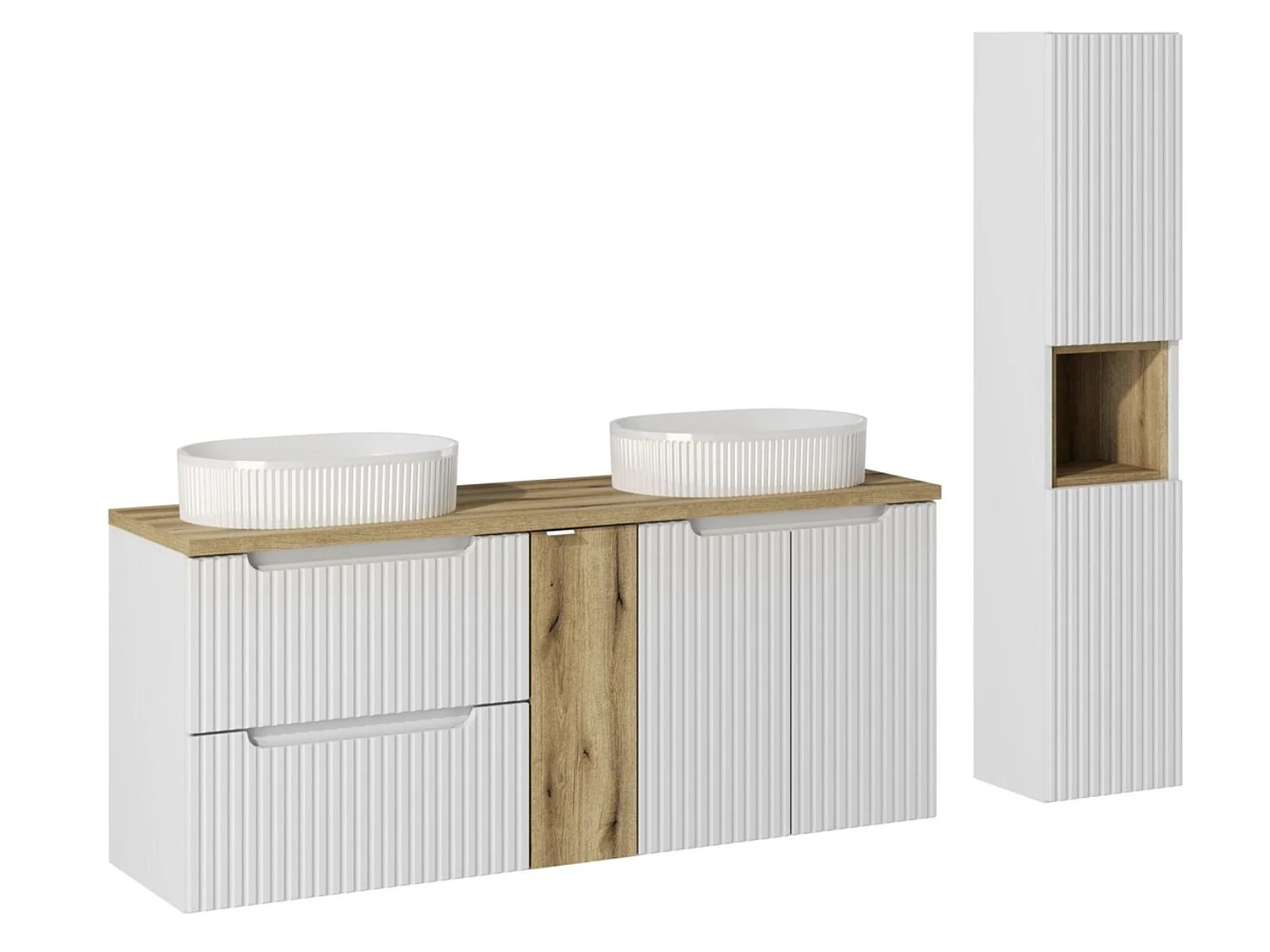 Ensemble meuble salle de bain suspendu 170cm NOVA – Double vasque ovale blanche, colonne, rangements-Blanc/Naturel