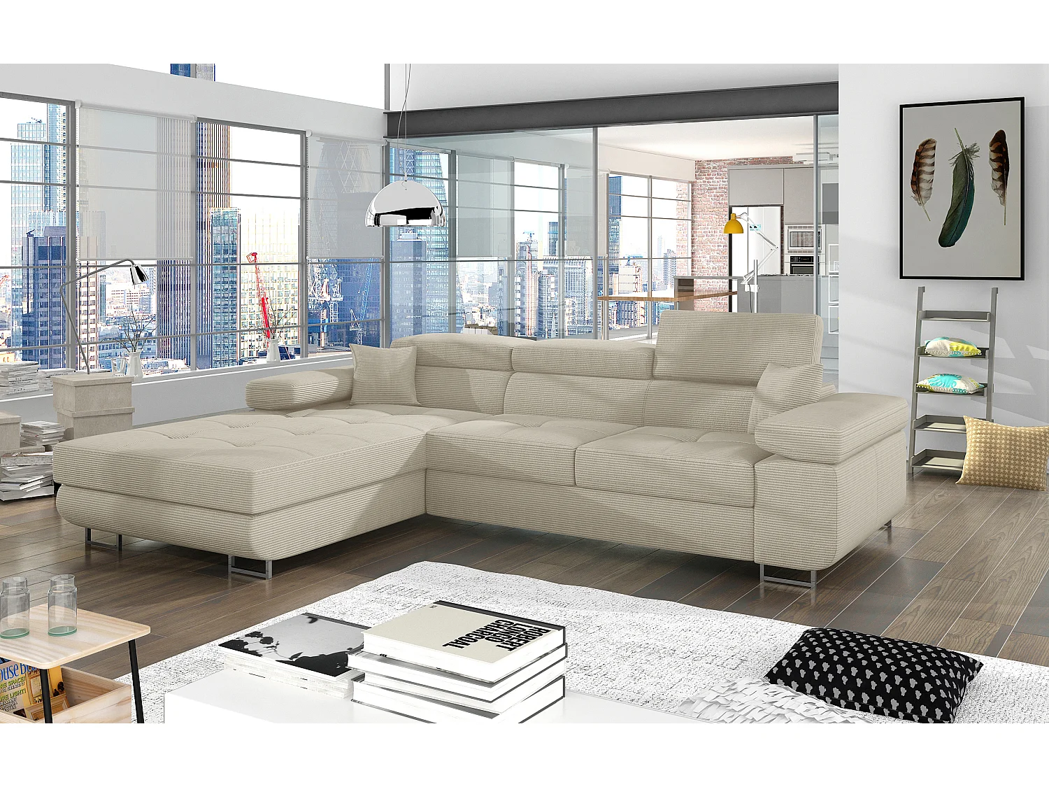 Sofá esquinero convertible KALIZO de tela con reposacabezas ajustables - Base y patas de acero cromado-Beige claro-Ángulo izquierdo