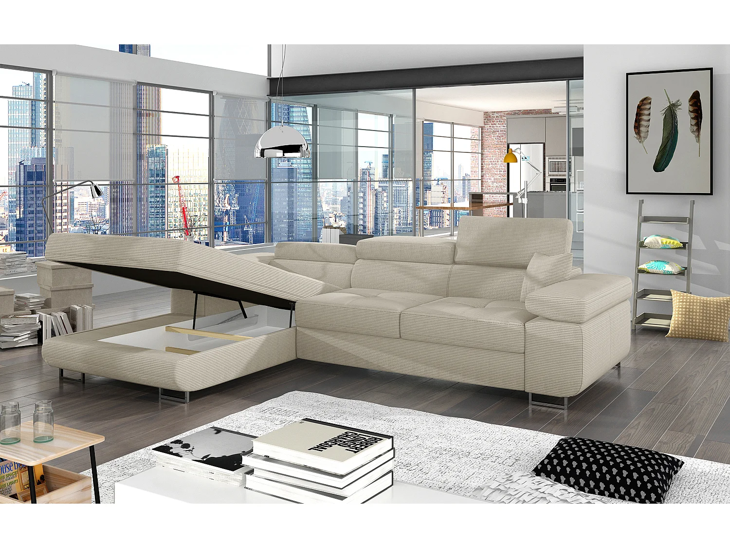 Sofá esquinero convertible KALIZO de tela con reposacabezas ajustables - Base y patas de acero cromado-Beige claro-Ángulo izquierdo
