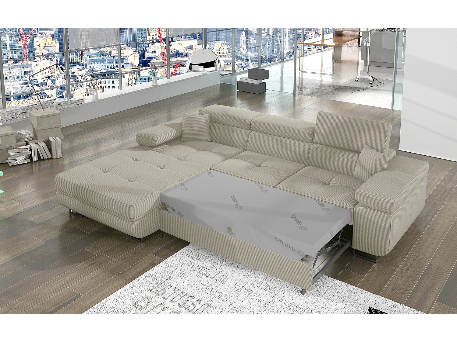 Sofá esquinero convertible KALIZO de tela con reposacabezas ajustables - Base y patas de acero cromado-Beige claro-Ángulo izquierdo