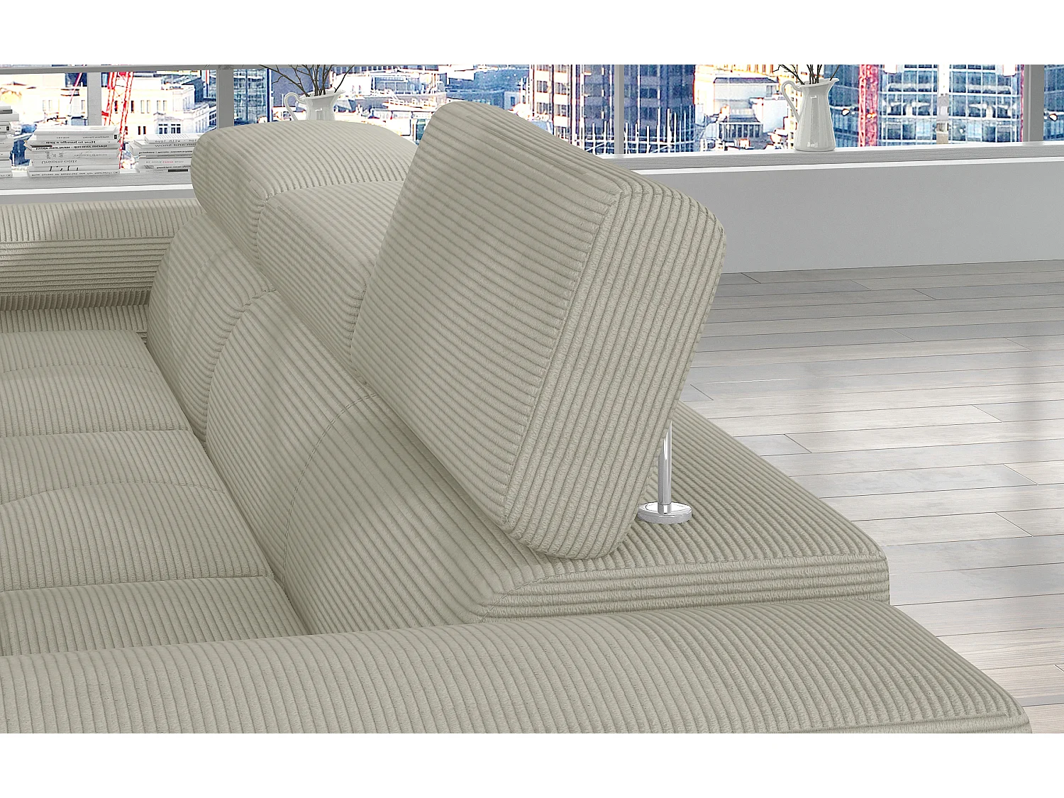Sofá esquinero convertible KALIZO de tela con reposacabezas ajustables - Base y patas de acero cromado-Beige claro-Ángulo izquierdo