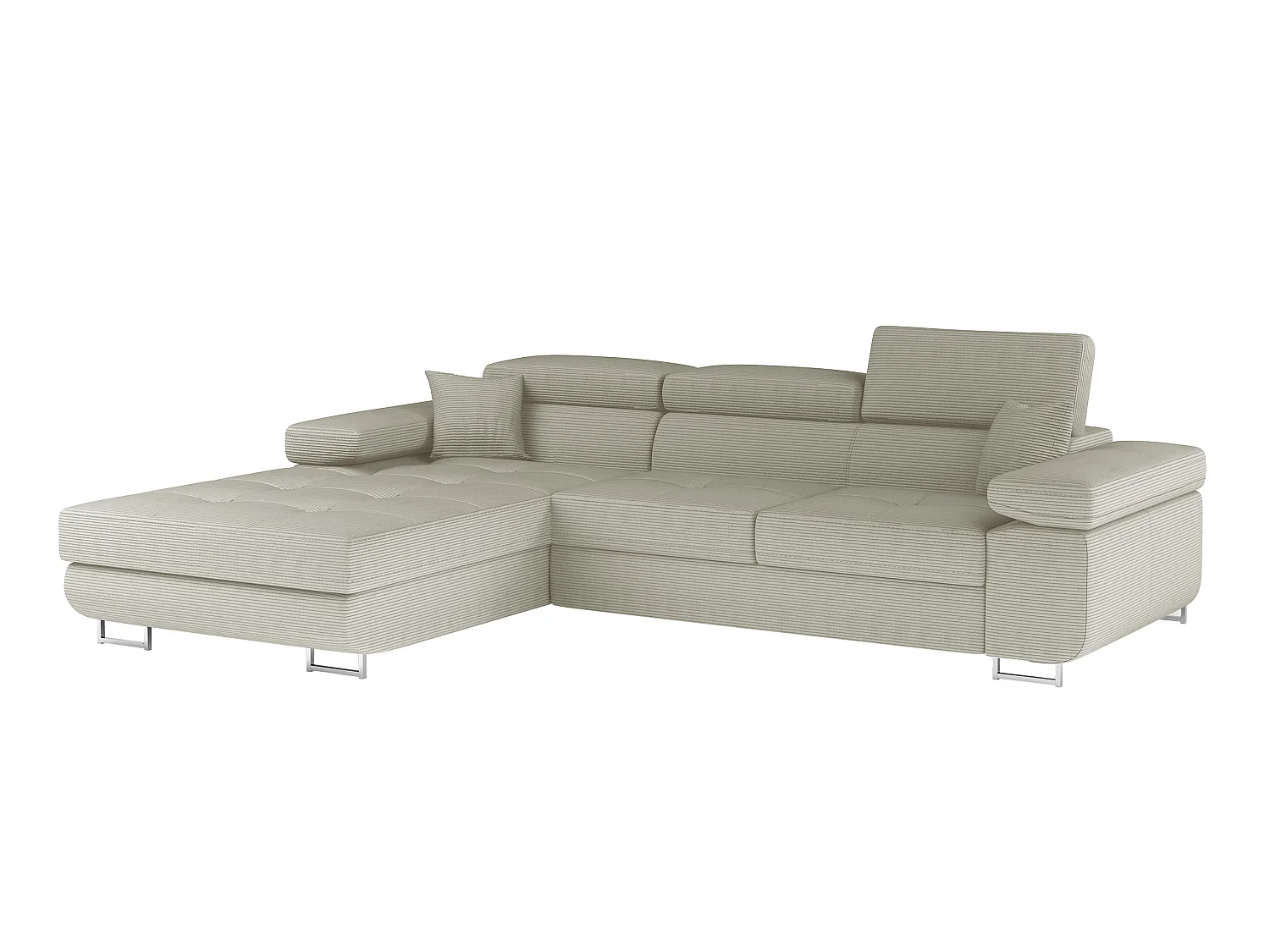 Sofá esquinero convertible KALIZO de tela con reposacabezas ajustables - Base y patas de acero cromado-Beige claro-Ángulo izquierdo