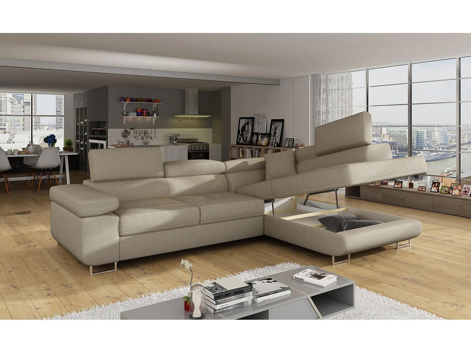 Canapé d’angle convertible MARKA en tissu avec coffre et têtières réglables – 272cm-Beige clair-angle droit
