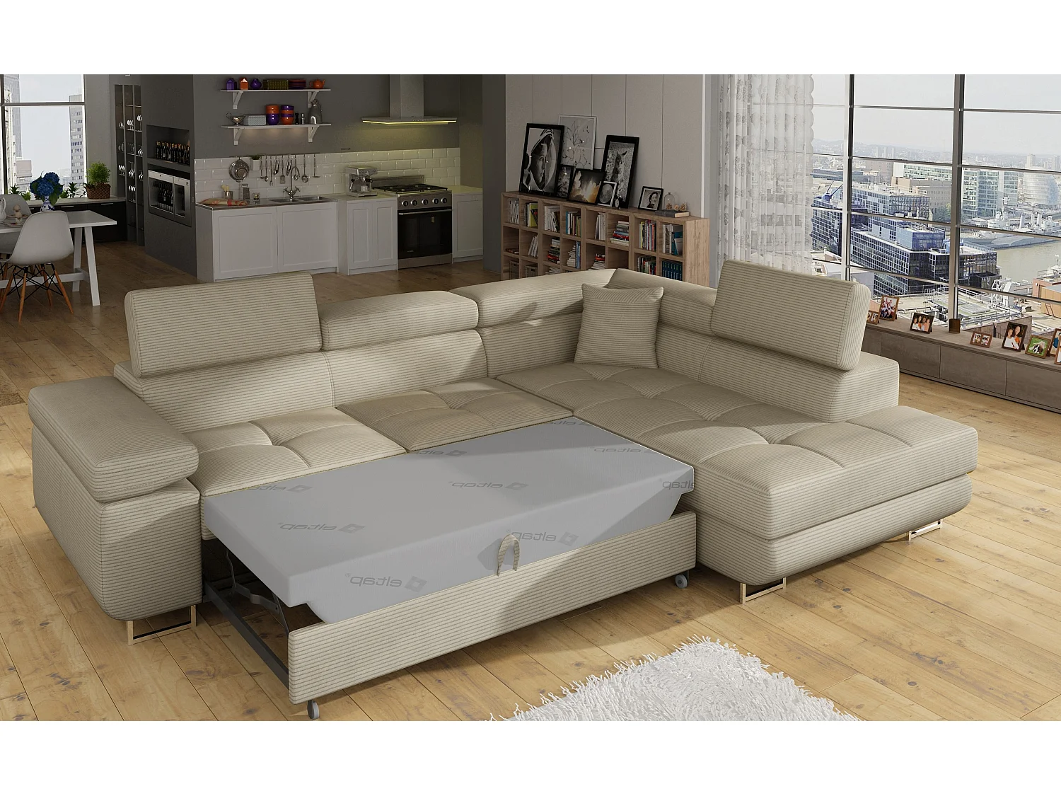 Canapé d’angle convertible MARKA en tissu avec coffre et têtières réglables – 272cm-Beige clair-angle droit