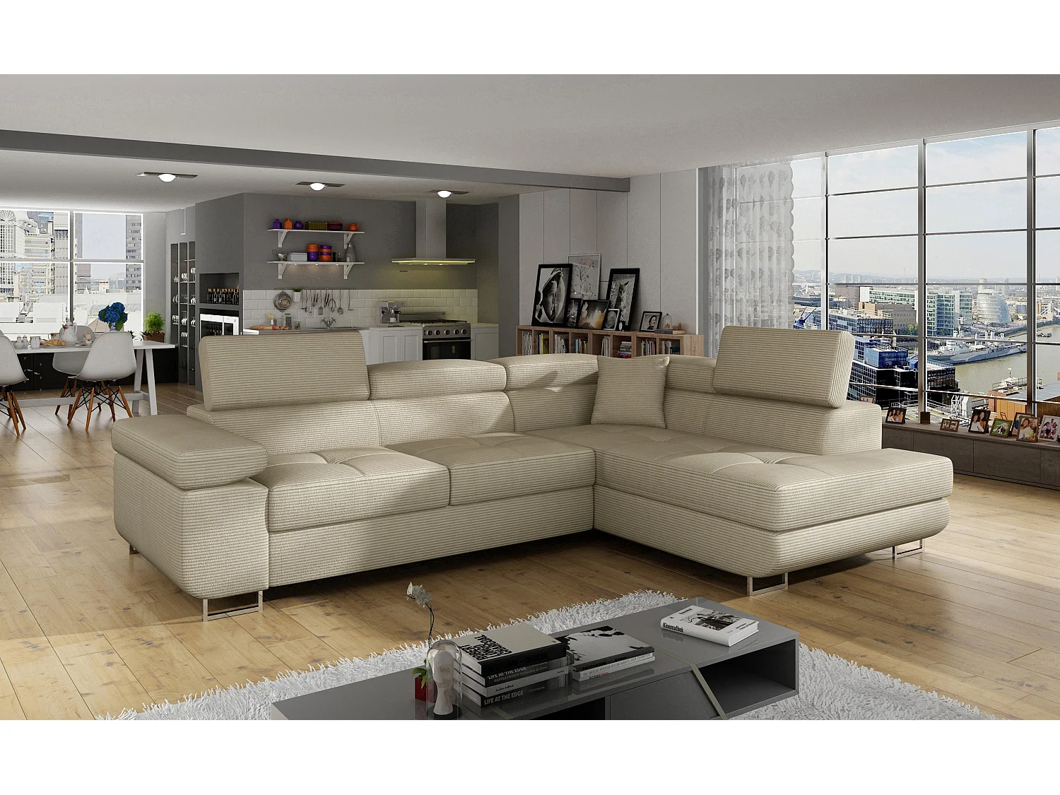 Canapé d’angle convertible MARKA en tissu avec coffre et têtières réglables – 272cm-Beige clair-angle droit
