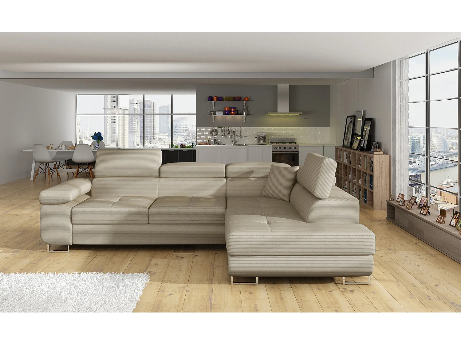Canapé d’angle convertible MARKA en tissu avec coffre et têtières réglables – 272cm-Beige clair-angle droit