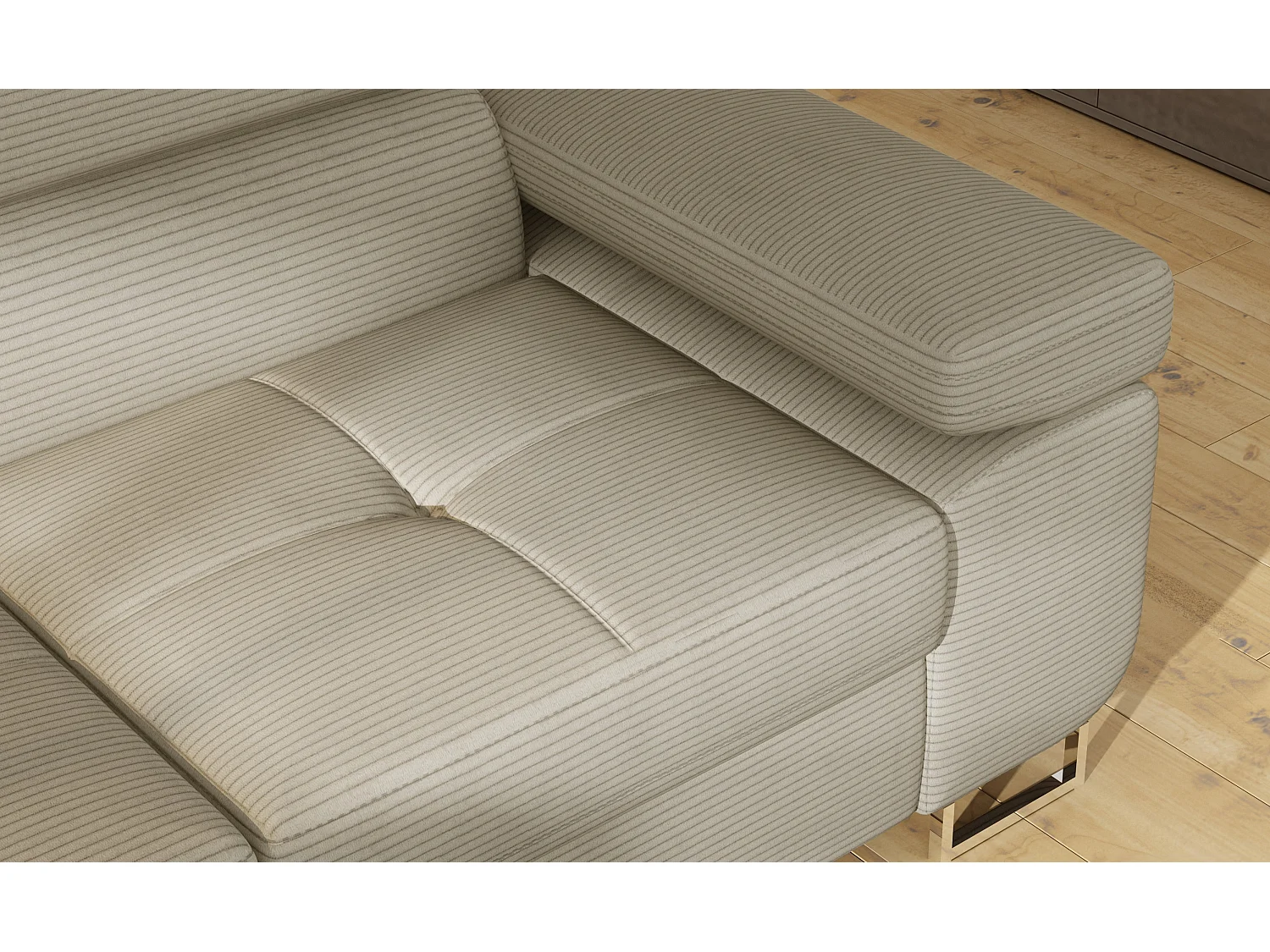 Canapé d’angle convertible MARKA en tissu avec coffre et têtières réglables – 272cm-Beige clair-angle droit