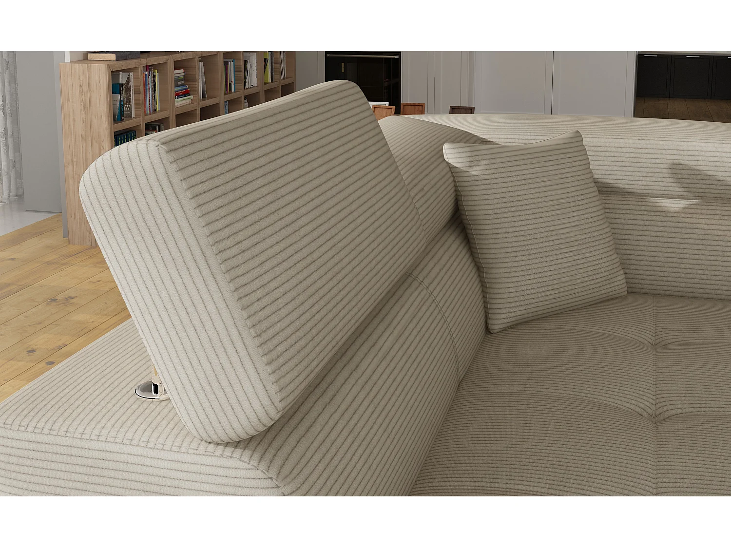 Canapé d’angle convertible MARKA en tissu avec coffre et têtières réglables – 272cm-Beige clair-angle droit