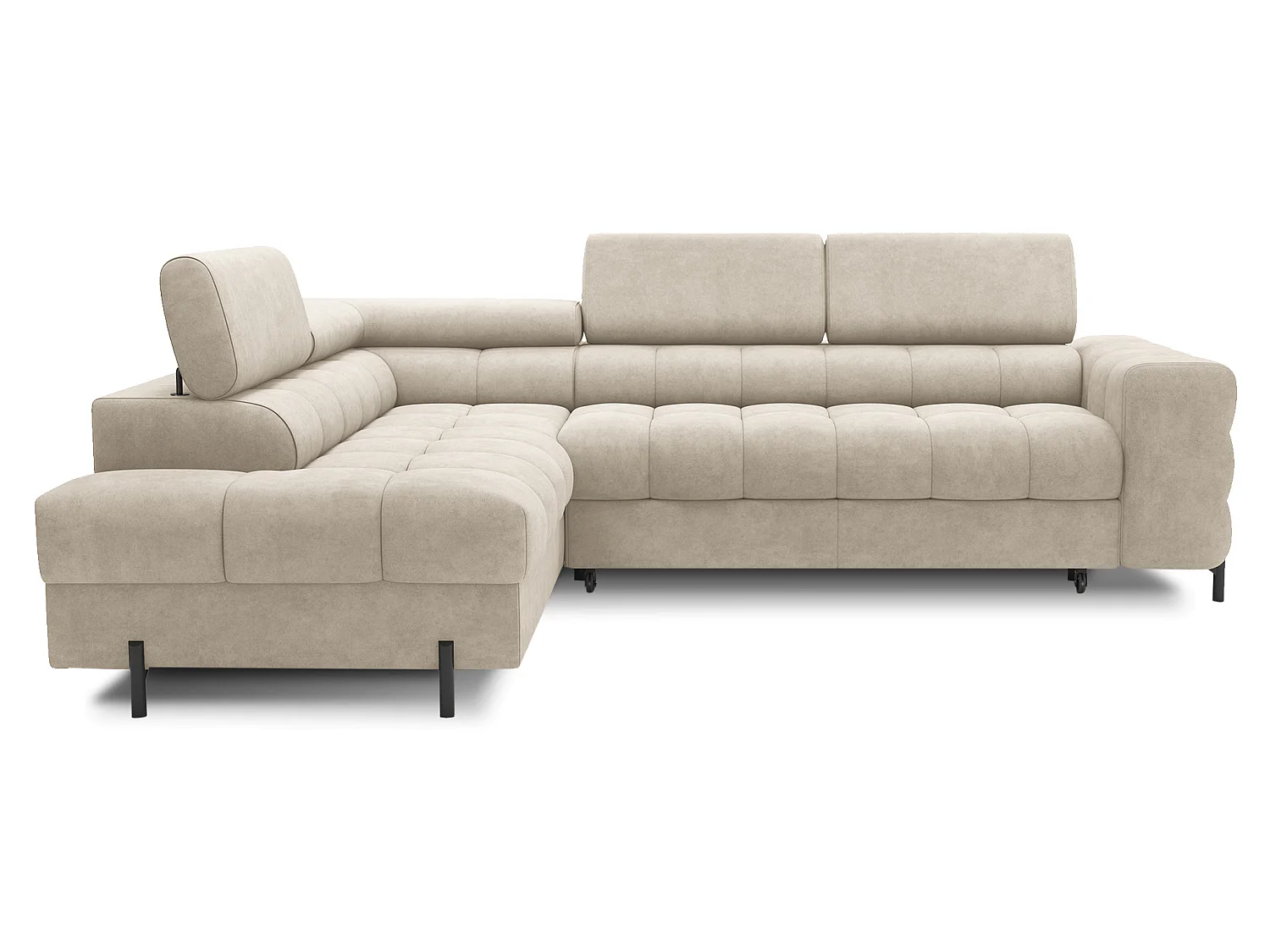 Canapé d’angle convertible LUCCINO en tissu avec coffre, têtières réglables et pieds en métal noir – 276cm-Beige-angle gauche