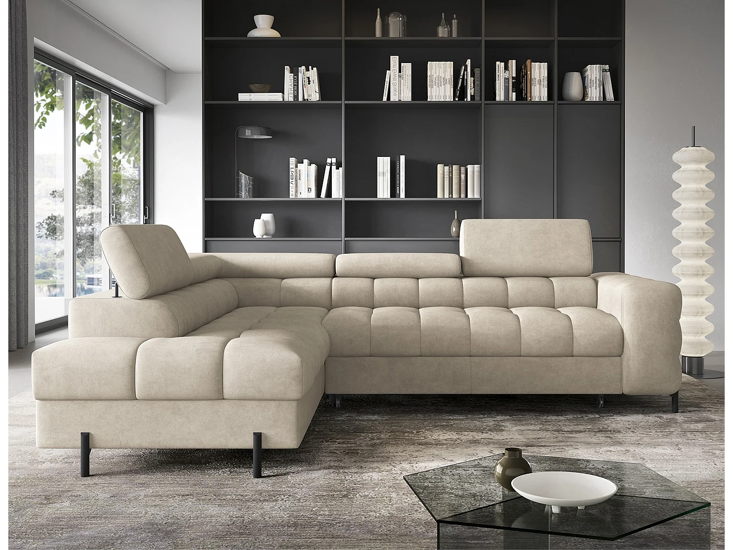 Canapé d’angle convertible LUCCINO en tissu avec coffre, têtières réglables et pieds en métal noir – 276cm-Beige-angle gauche