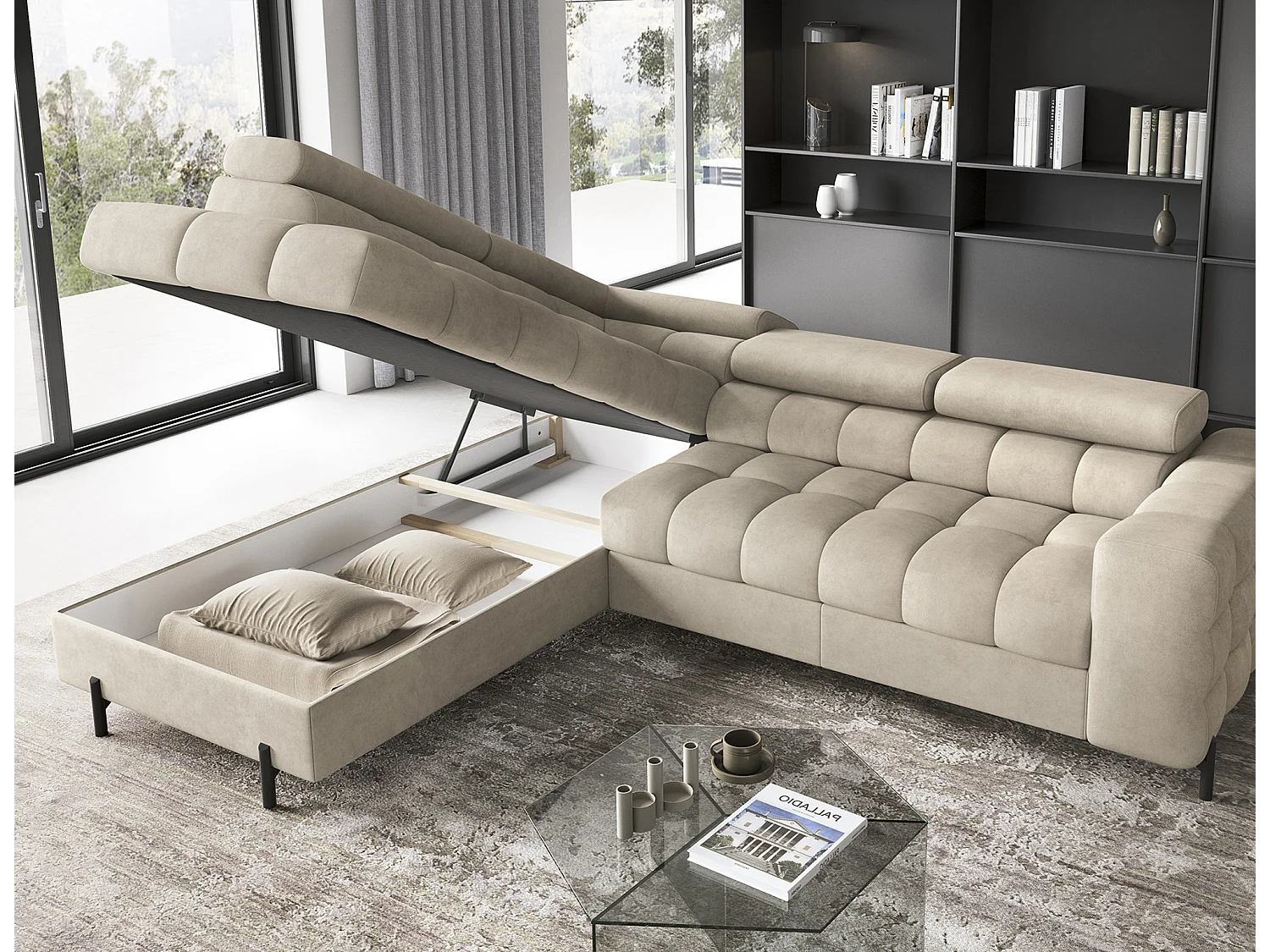 Canapé d’angle convertible LUCCINO en tissu avec coffre, têtières réglables et pieds en métal noir – 276cm-Beige-angle gauche