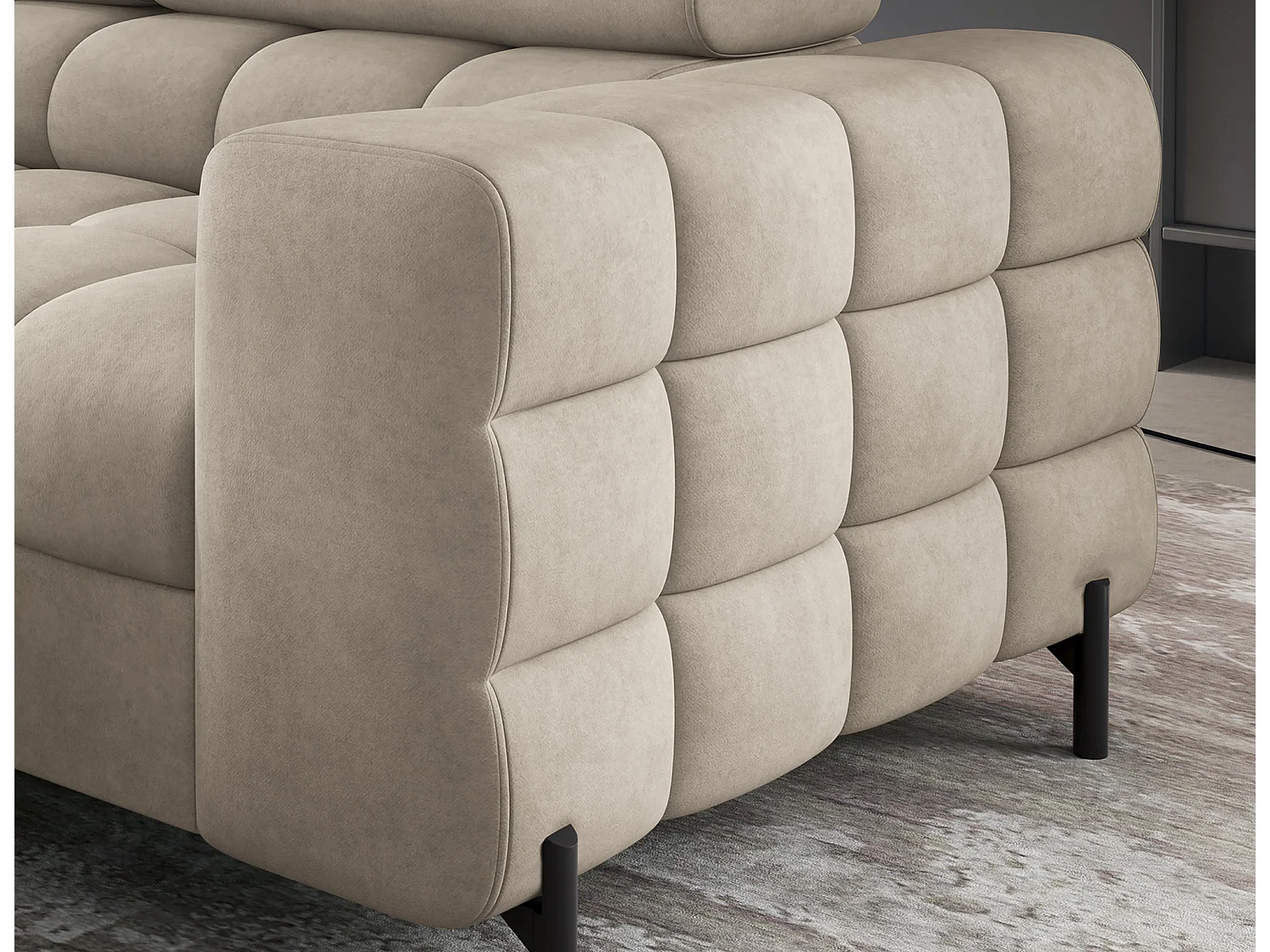Canapé d’angle convertible LUCCINO en tissu avec coffre, têtières réglables et pieds en métal noir – 276cm-Beige-angle gauche