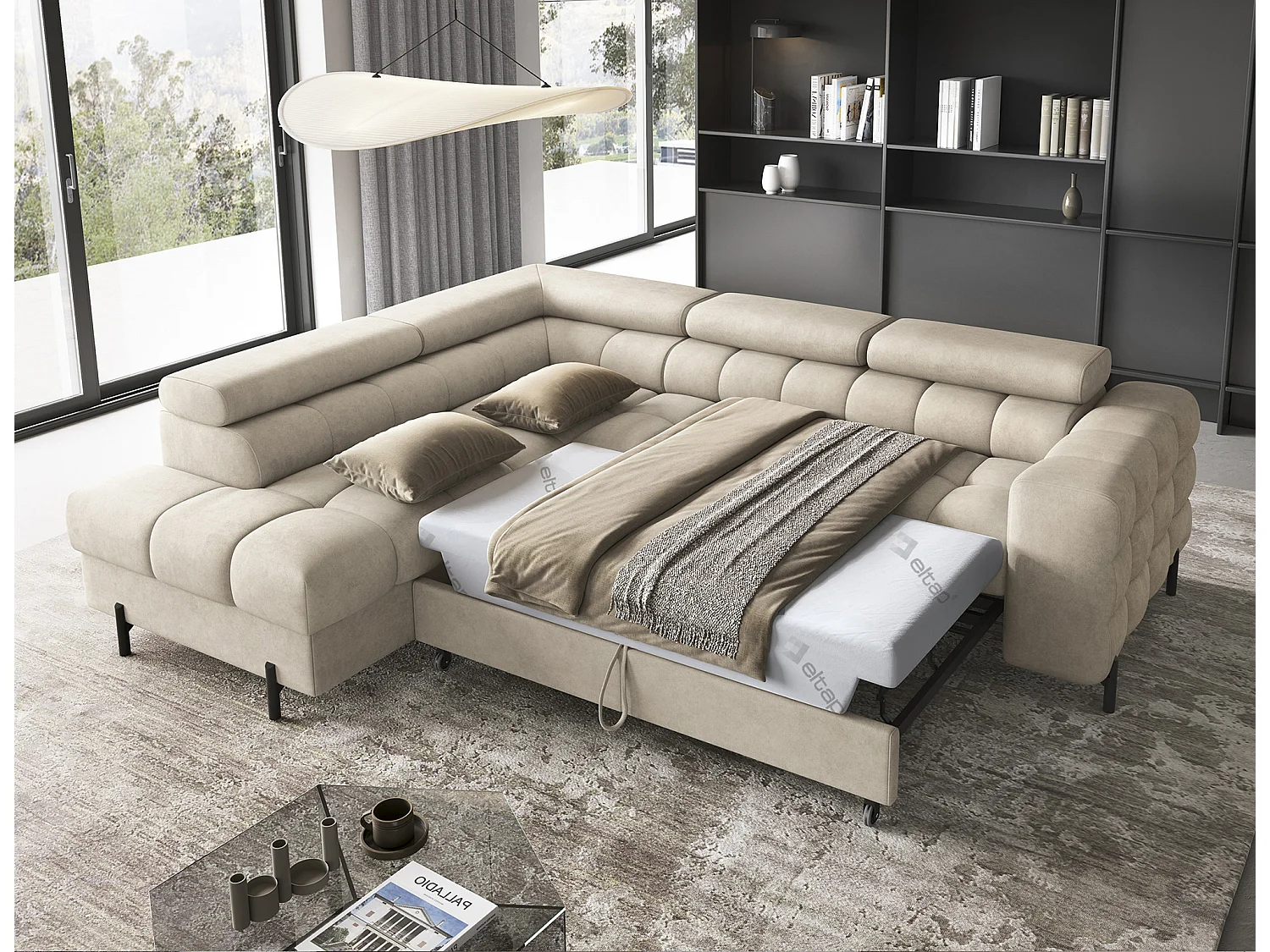 Canapé d’angle convertible LUCCINO en tissu avec coffre, têtières réglables et pieds en métal noir – 276cm-Beige-angle gauche