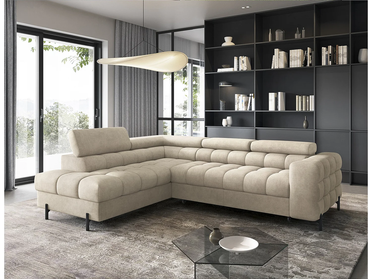 Canapé d’angle convertible LUCCINO en tissu avec coffre, têtières réglables et pieds en métal noir – 276cm-Beige-angle gauche