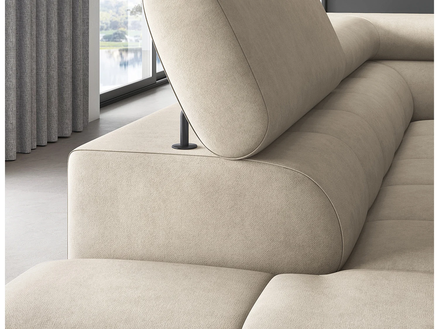 Canapé d’angle convertible LUCCINO en tissu avec coffre, têtières réglables et pieds en métal noir – 276cm-Beige-angle gauche