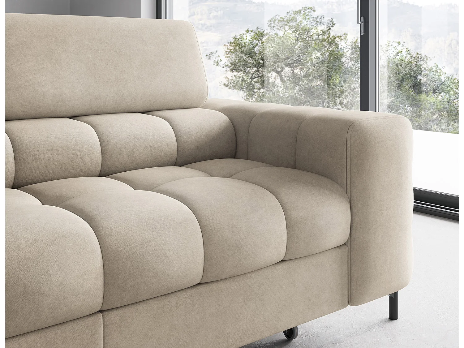 Canapé d’angle convertible LUCCINO en tissu avec coffre, têtières réglables et pieds en métal noir – 276cm-Beige-angle gauche