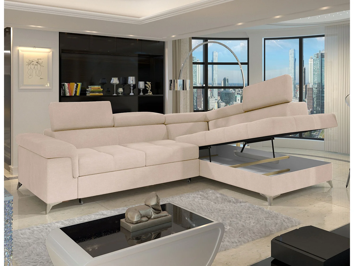 Canapé d’angle convertible MARIDO en velours avec coffre et têtières réglables – 275cm-Beige clair-angle droit