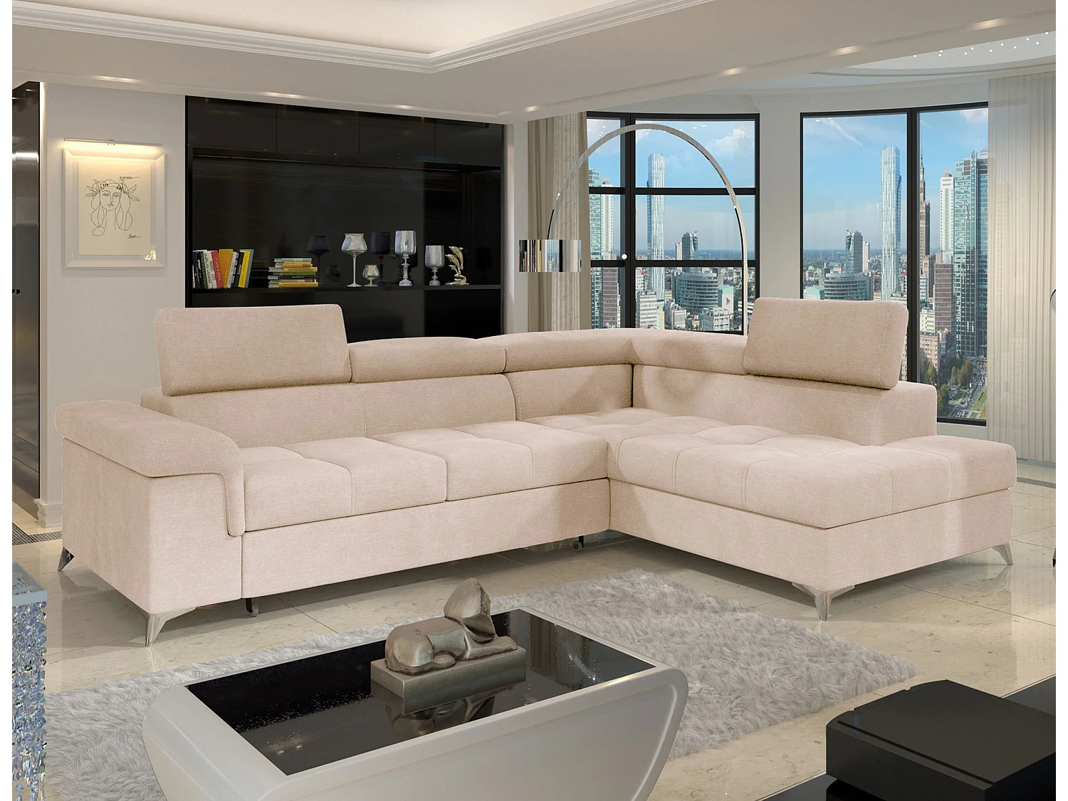 Canapé d’angle convertible MARIDO en velours avec coffre et têtières réglables – 275cm-Beige clair-angle droit
