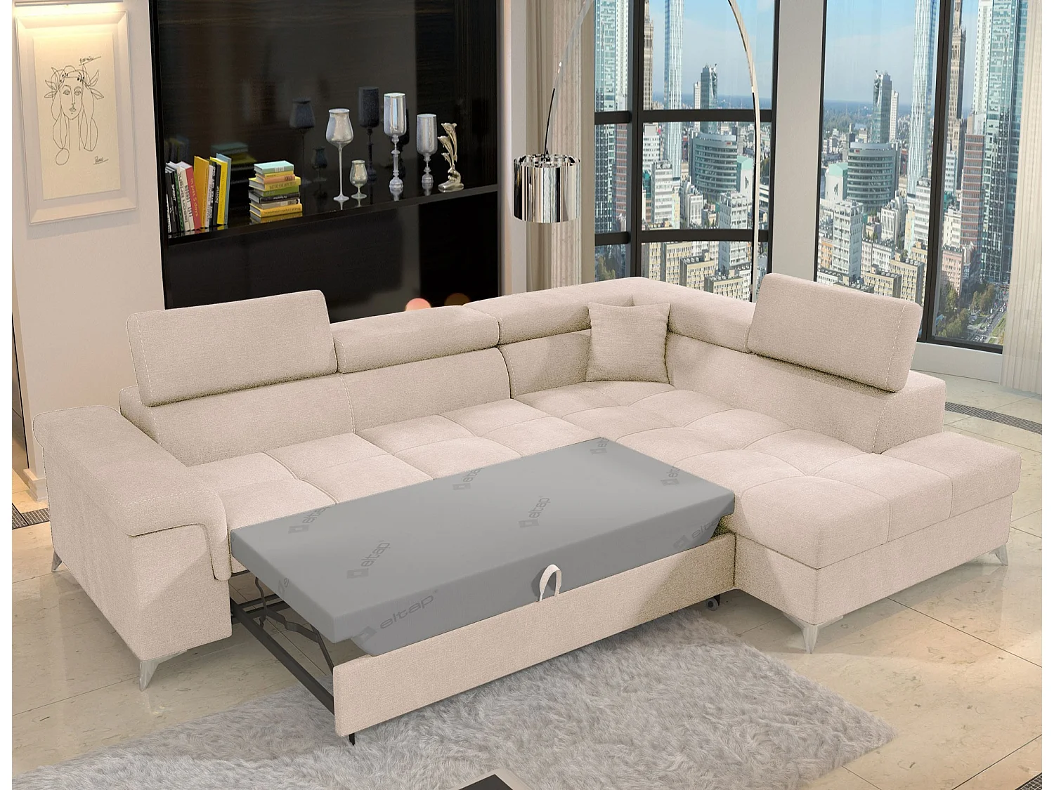 Canapé d’angle convertible MARIDO en velours avec coffre et têtières réglables – 275cm-Beige clair-angle droit