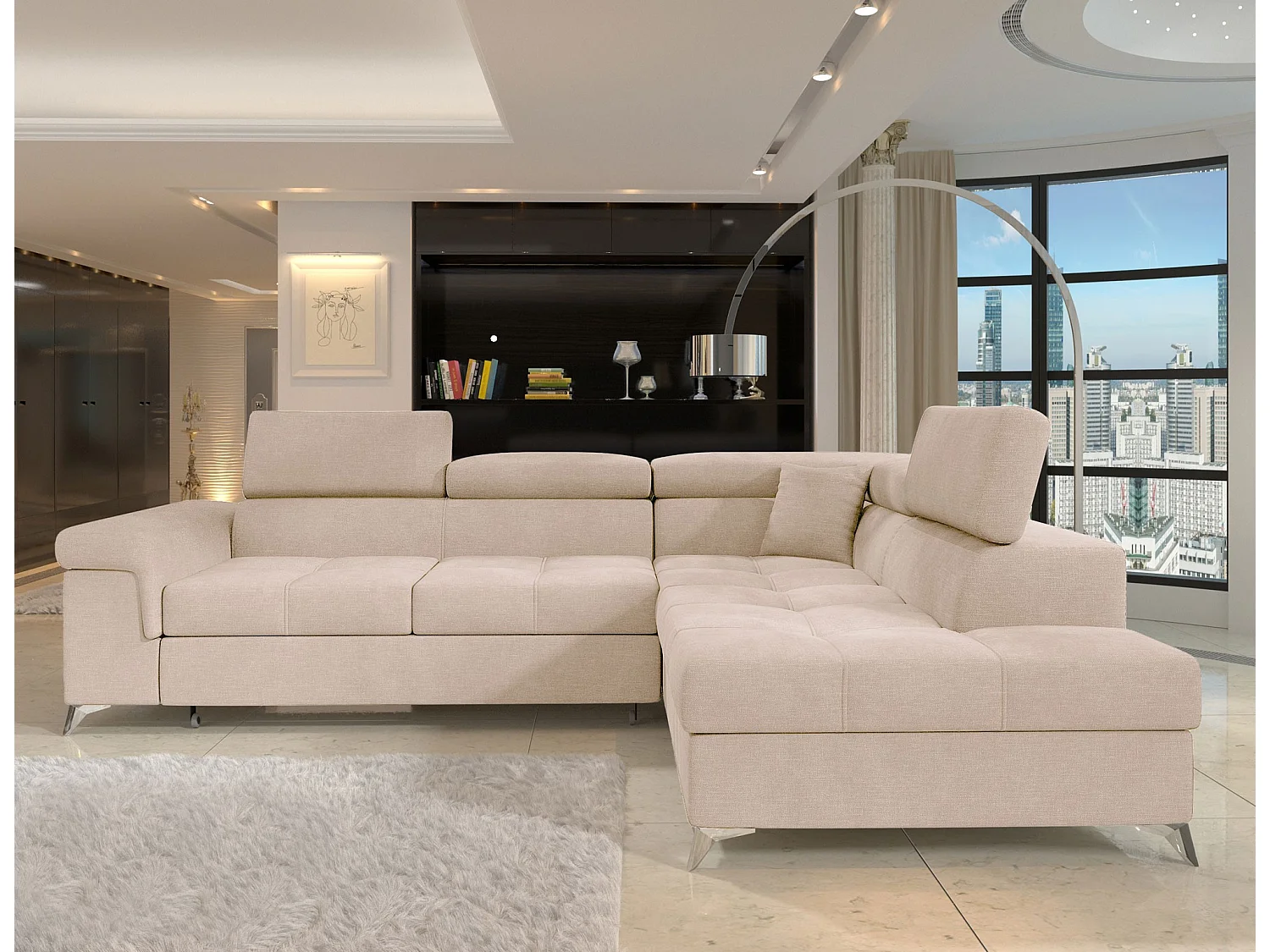 Canapé d’angle convertible MARIDO en velours avec coffre et têtières réglables – 275cm-Beige clair-angle droit