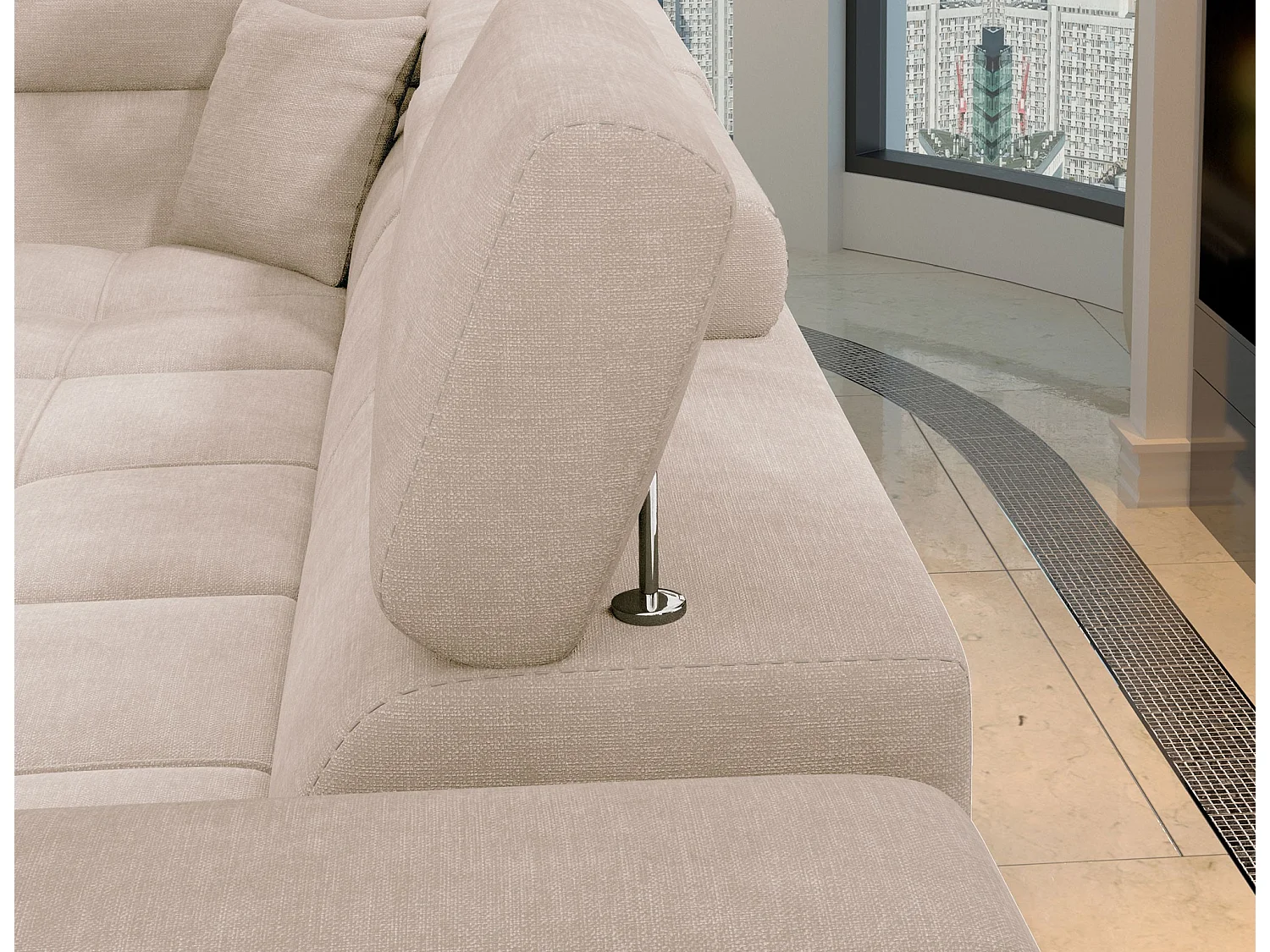 Canapé d’angle convertible MARIDO en velours avec coffre et têtières réglables – 275cm-Beige clair-angle droit