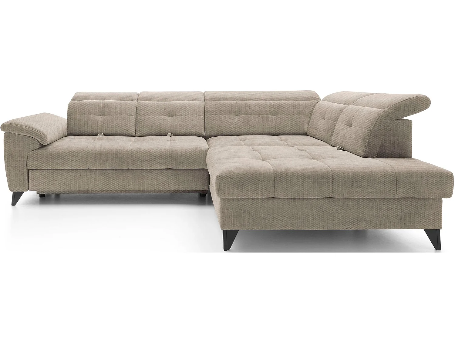 Canapé d'angle convertible tissu velouté KARIN - Coffre et appuis-tête réglables-Beige-angle droit