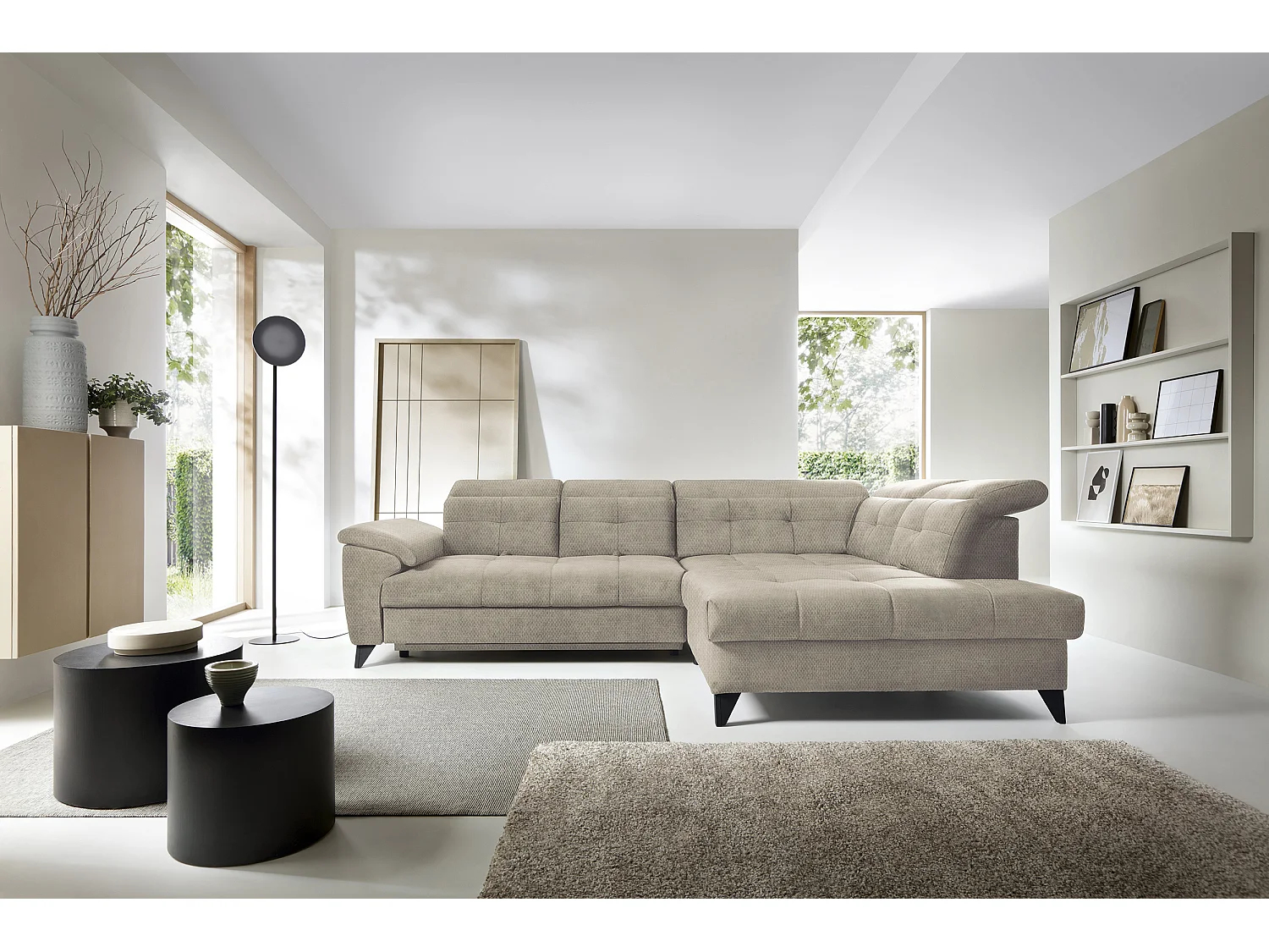 Canapé d'angle convertible tissu velouté KARIN - Coffre et appuis-tête réglables-Beige-angle droit