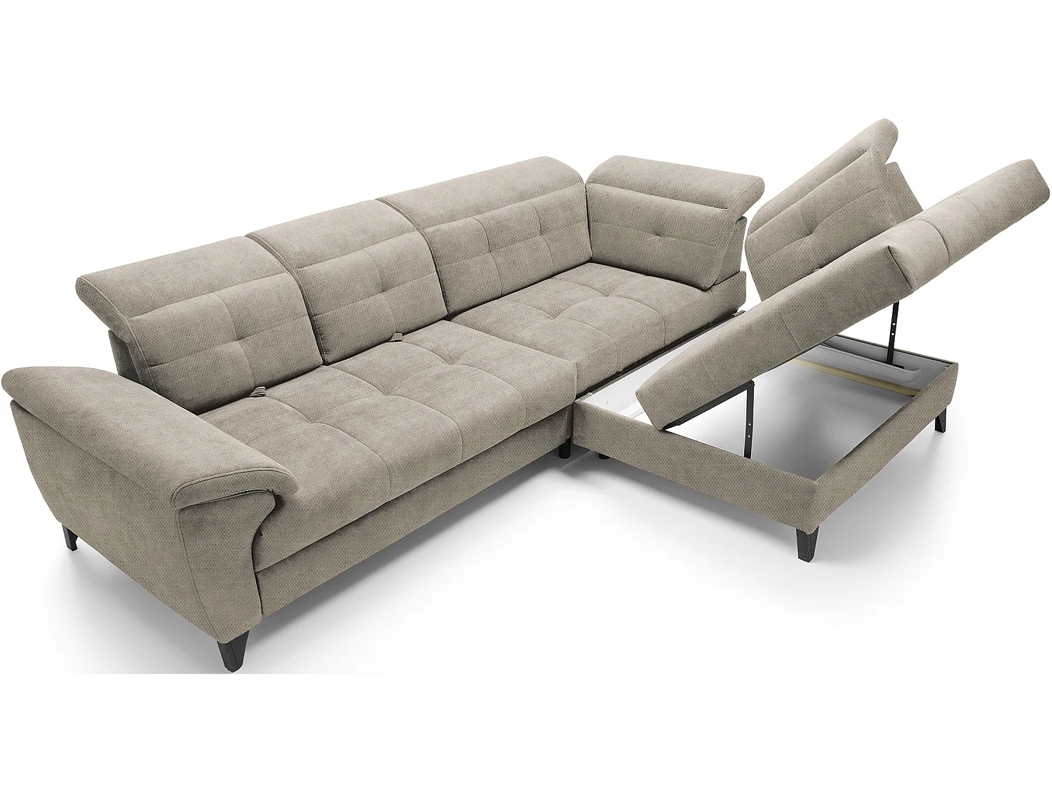 Canapé d'angle convertible tissu velouté KARIN - Coffre et appuis-tête réglables-Beige-angle droit