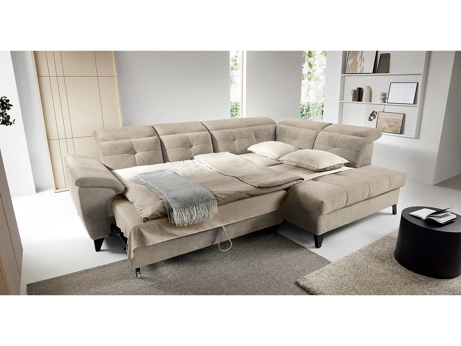 Canapé d'angle convertible tissu velouté KARIN - Coffre et appuis-tête réglables-Beige-angle droit