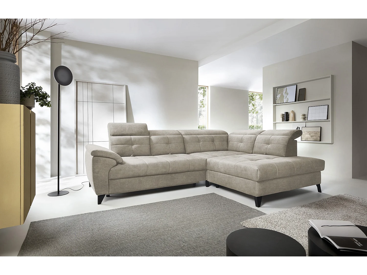 Canapé d'angle convertible tissu velouté KARIN - Coffre et appuis-tête réglables-Beige-angle droit