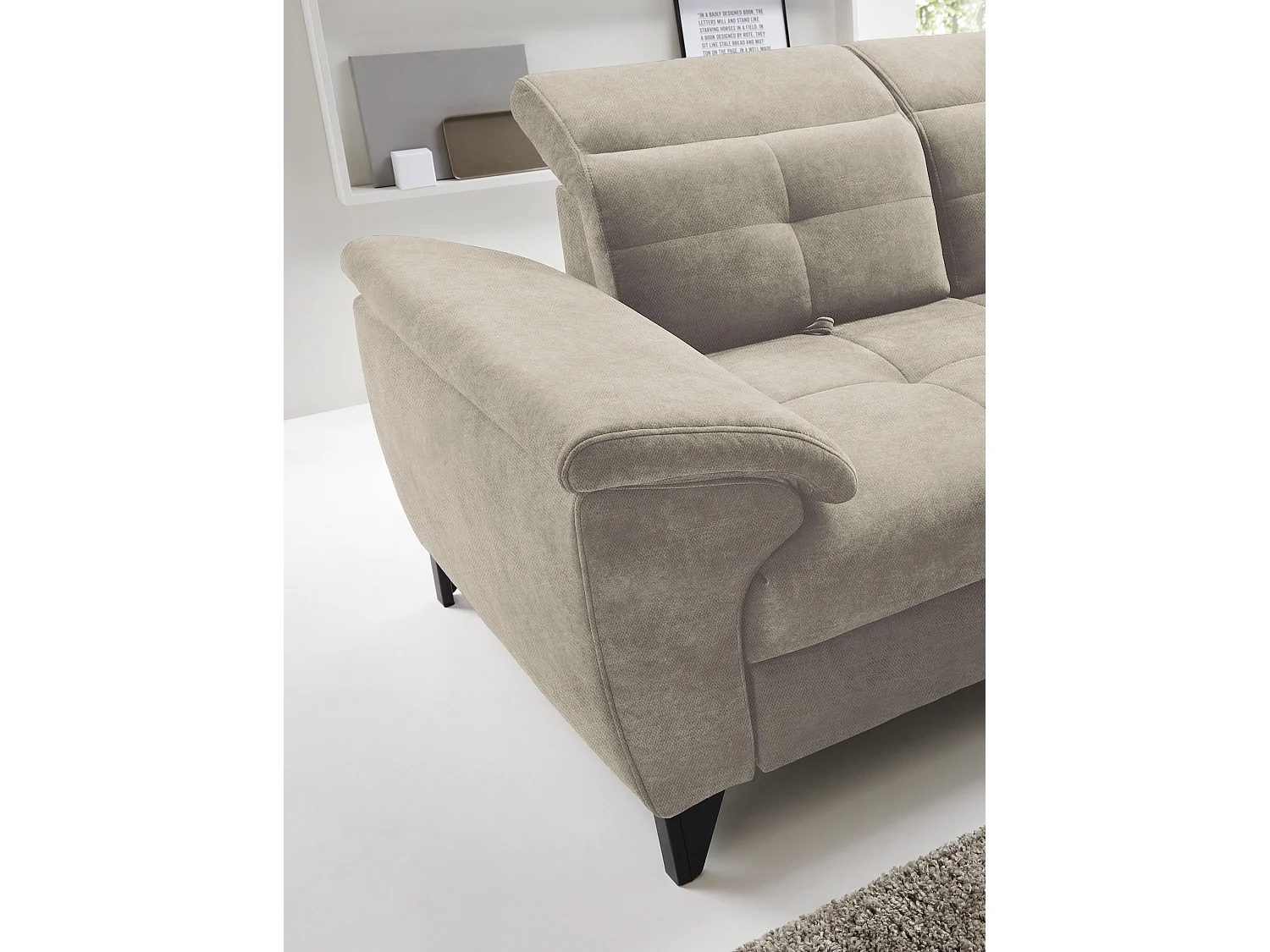 Canapé d'angle convertible tissu velouté KARIN - Coffre et appuis-tête réglables-Beige-angle droit