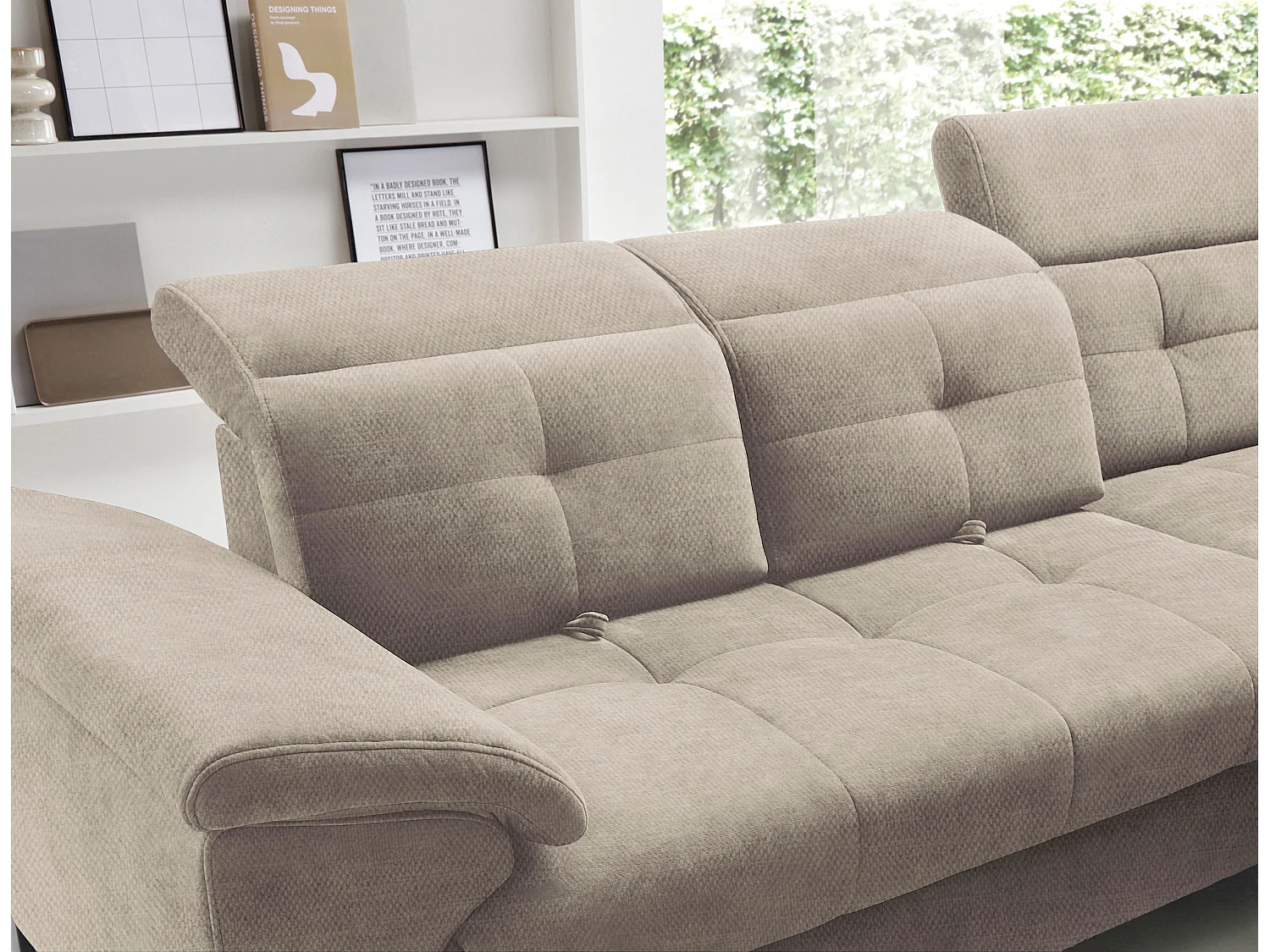 Canapé d'angle convertible tissu velouté KARIN - Coffre et appuis-tête réglables-Beige-angle droit