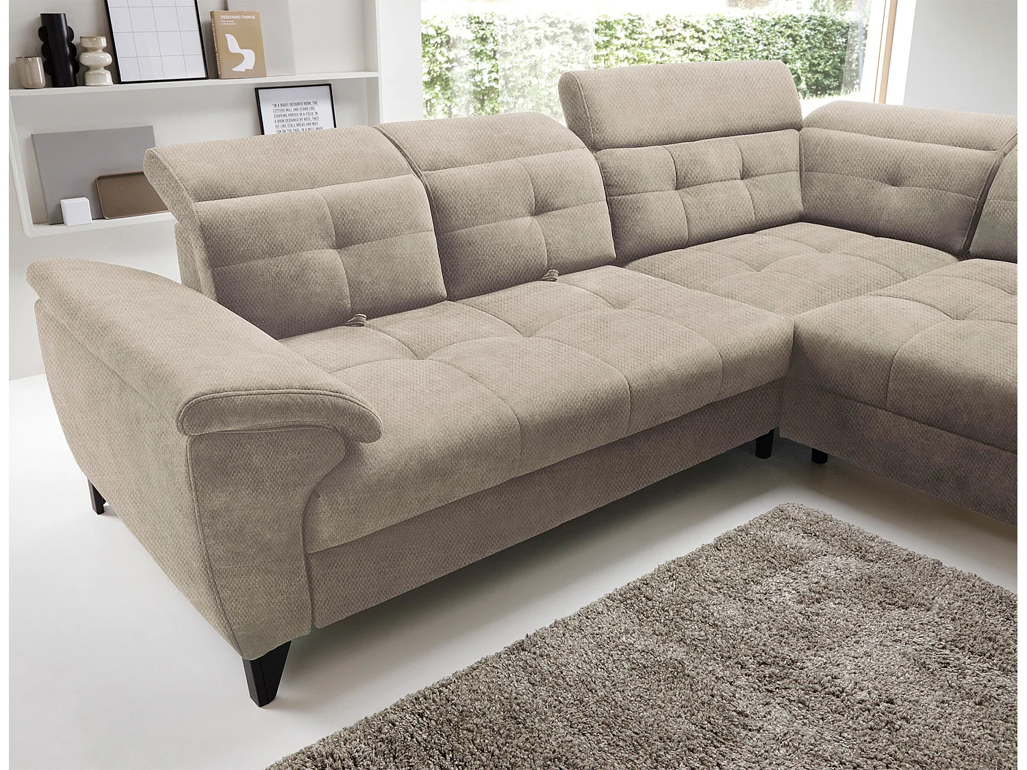 Canapé d'angle convertible tissu velouté KARIN - Coffre et appuis-tête réglables-Beige-angle droit
