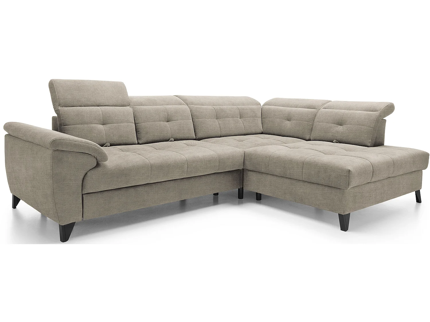 Canapé d'angle convertible tissu velouté KARIN - Coffre et appuis-tête réglables-Beige-angle droit