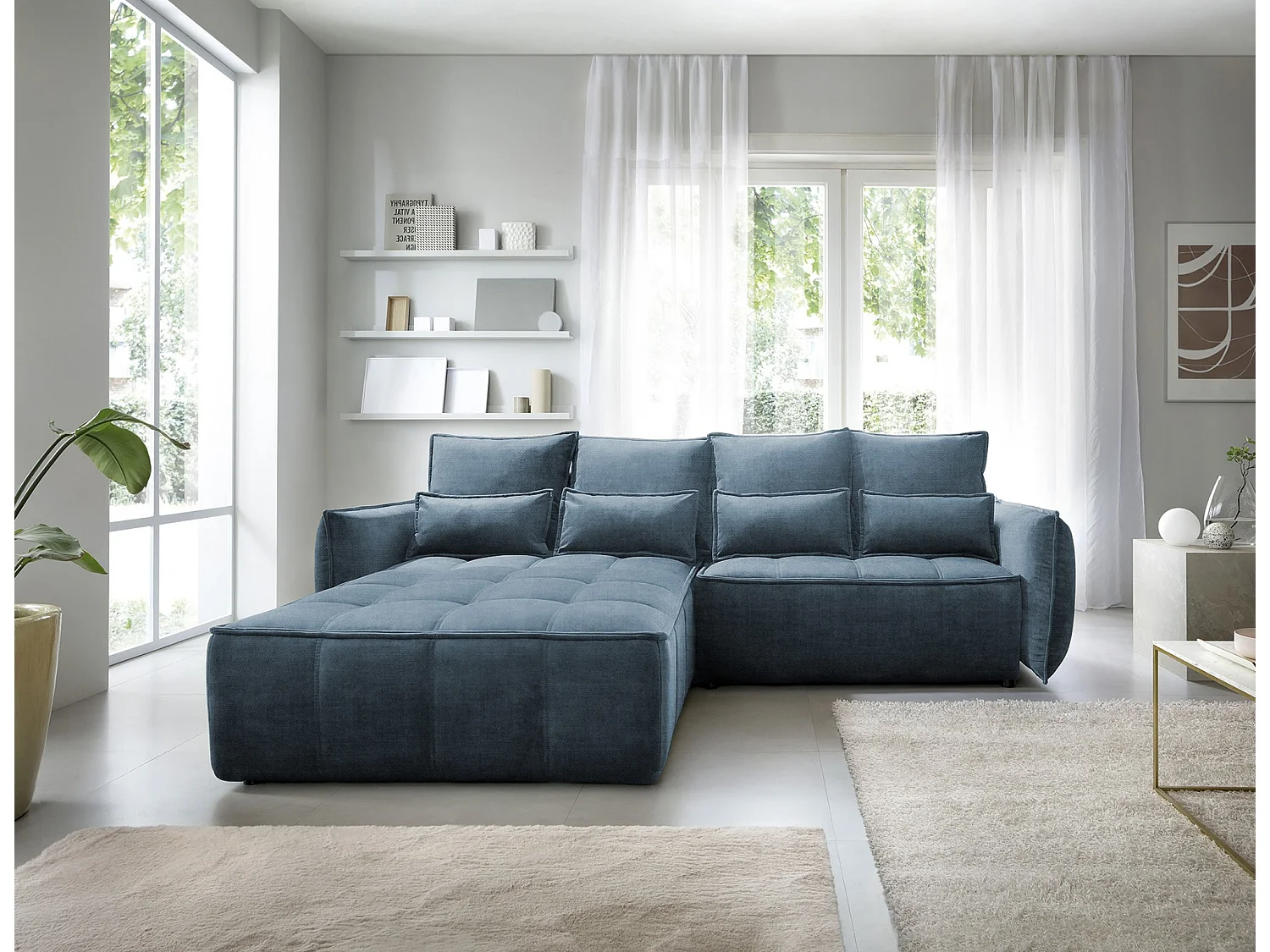Canapé d’angle convertible 4 places KAMPUS en tissu effet cuir avec coffre de rangement – 265cm-Bleu canard-angle gauche