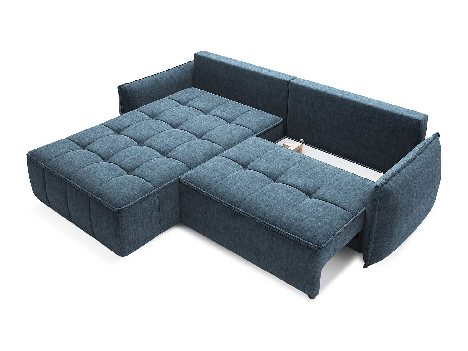 Canapé d’angle convertible 4 places KAMPUS en tissu effet cuir avec coffre de rangement – 265cm-Bleu canard-angle gauche