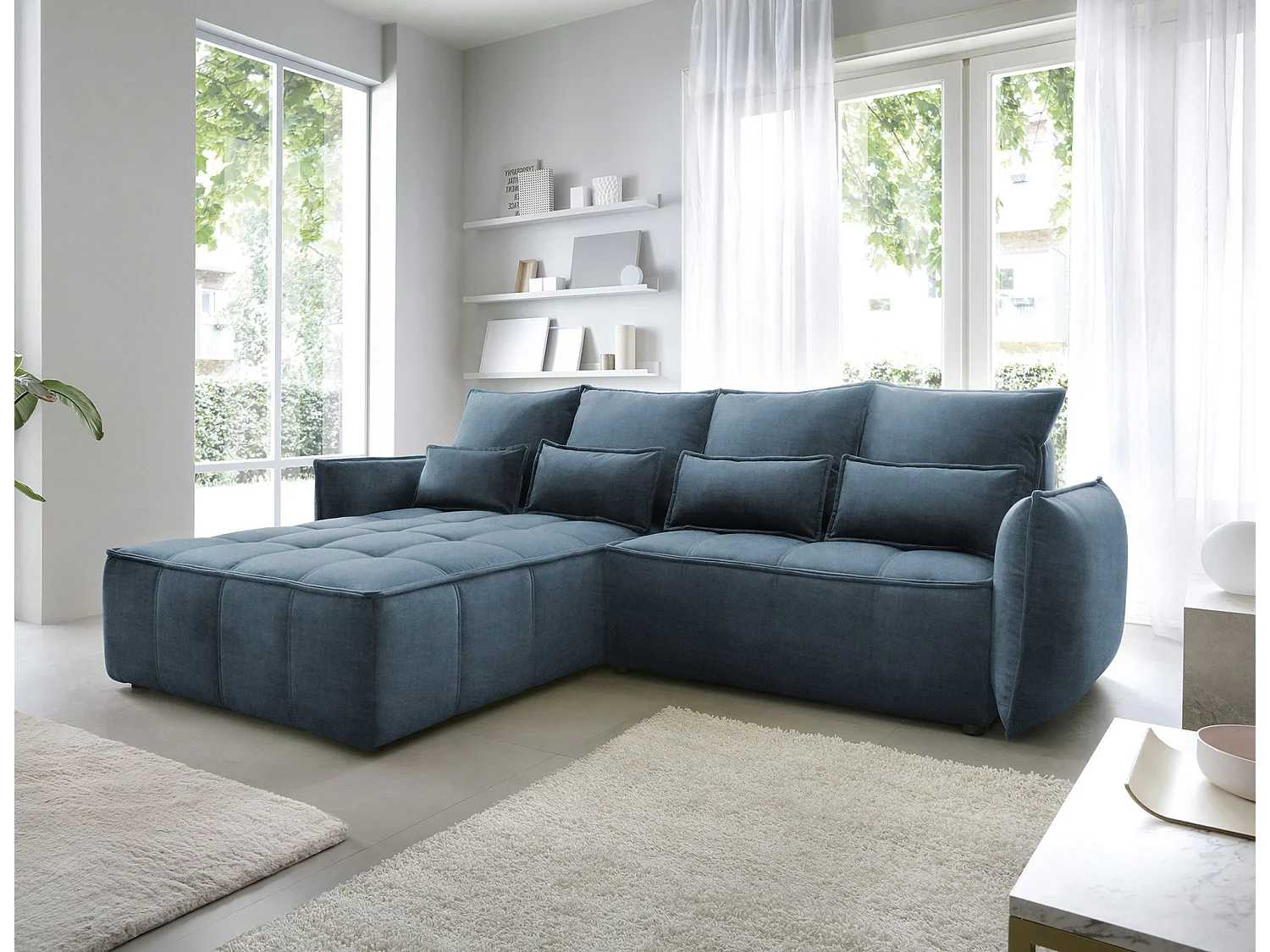 Canapé d’angle convertible 4 places KAMPUS en tissu effet cuir avec coffre de rangement – 265cm-Bleu canard-angle gauche