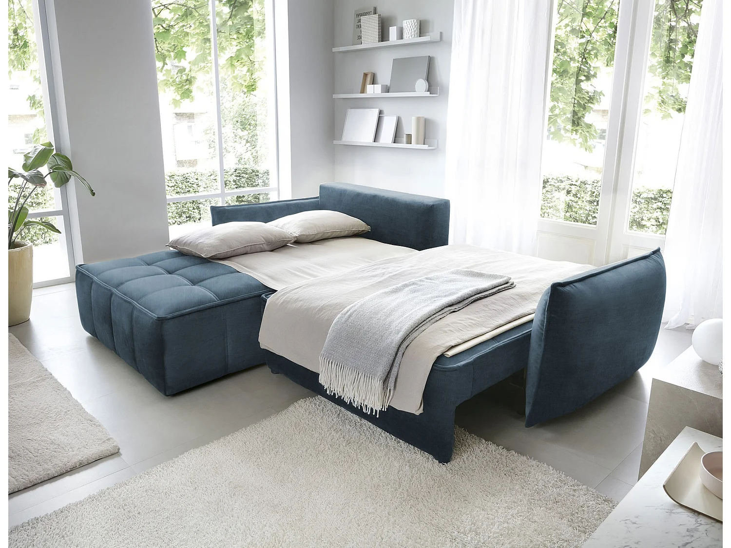 Canapé d’angle convertible 4 places KAMPUS en tissu effet cuir avec coffre de rangement – 265cm-Bleu canard-angle gauche