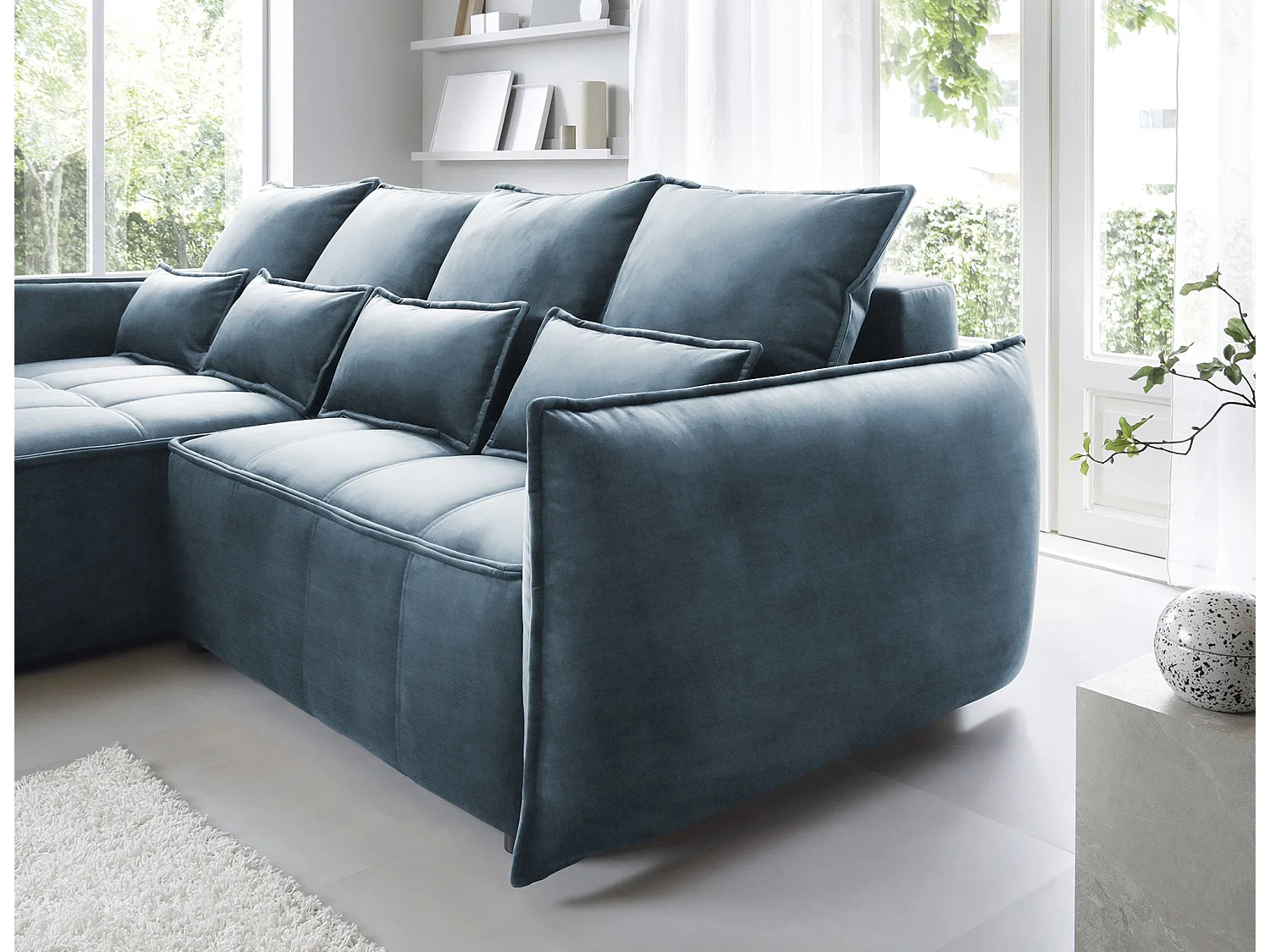 Canapé d’angle convertible 4 places KAMPUS en tissu effet cuir avec coffre de rangement – 265cm-Bleu canard-angle gauche
