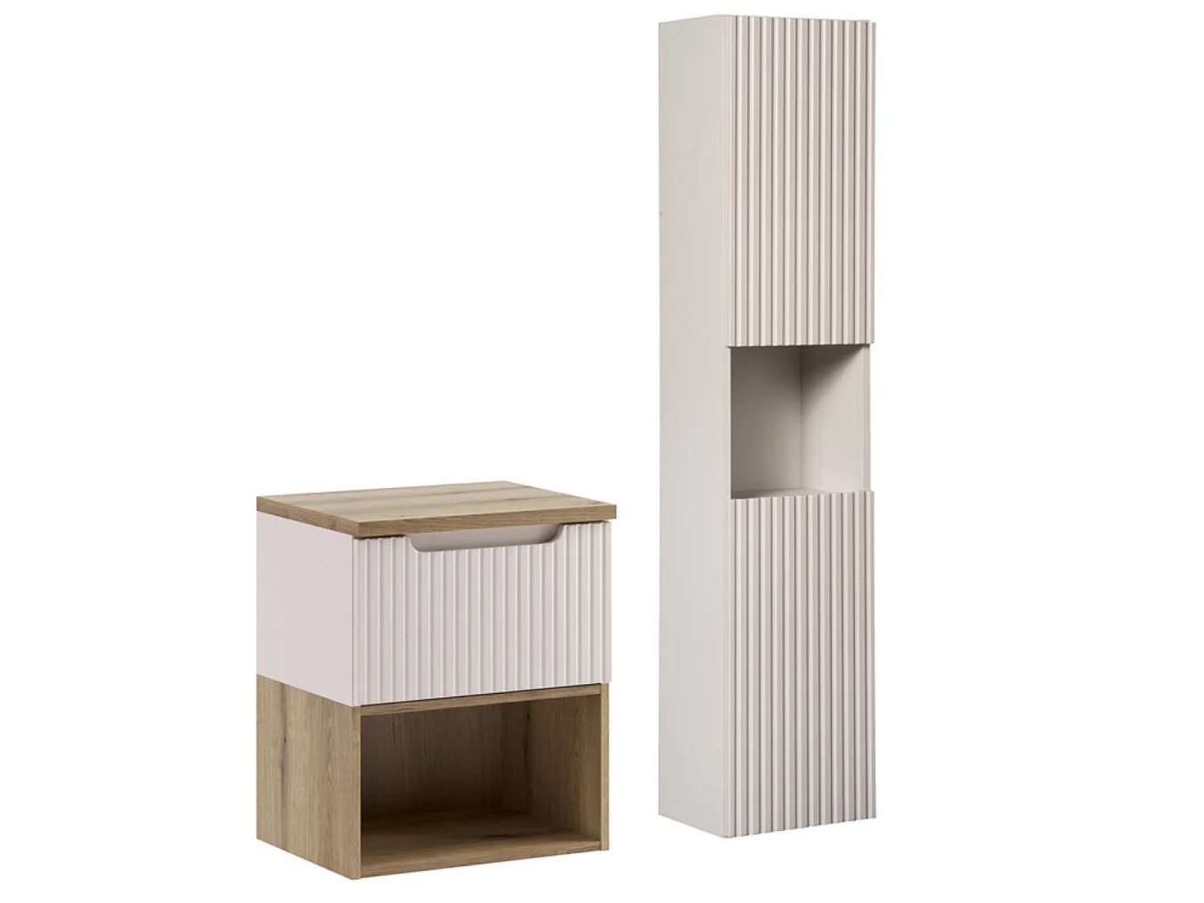 Ensemble meuble suspendu sous vasque NOVA Taupe 50cm avec colonne et étagère bois – Rangement optimisé