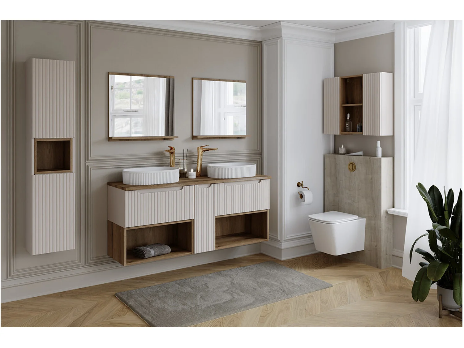Ensemble meuble suspendu sous vasque NOVA Taupe 50cm avec colonne et étagère bois – Rangement optimisé