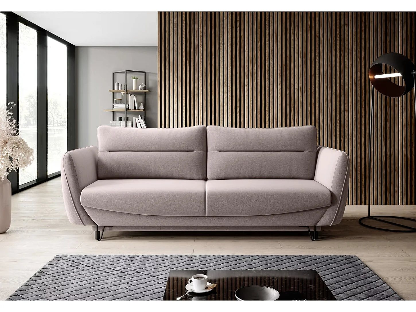 Canapé droit convertible 3 places tissu ZURIK 236cm - Coffre de rangement & pieds métal noir-Rose clair