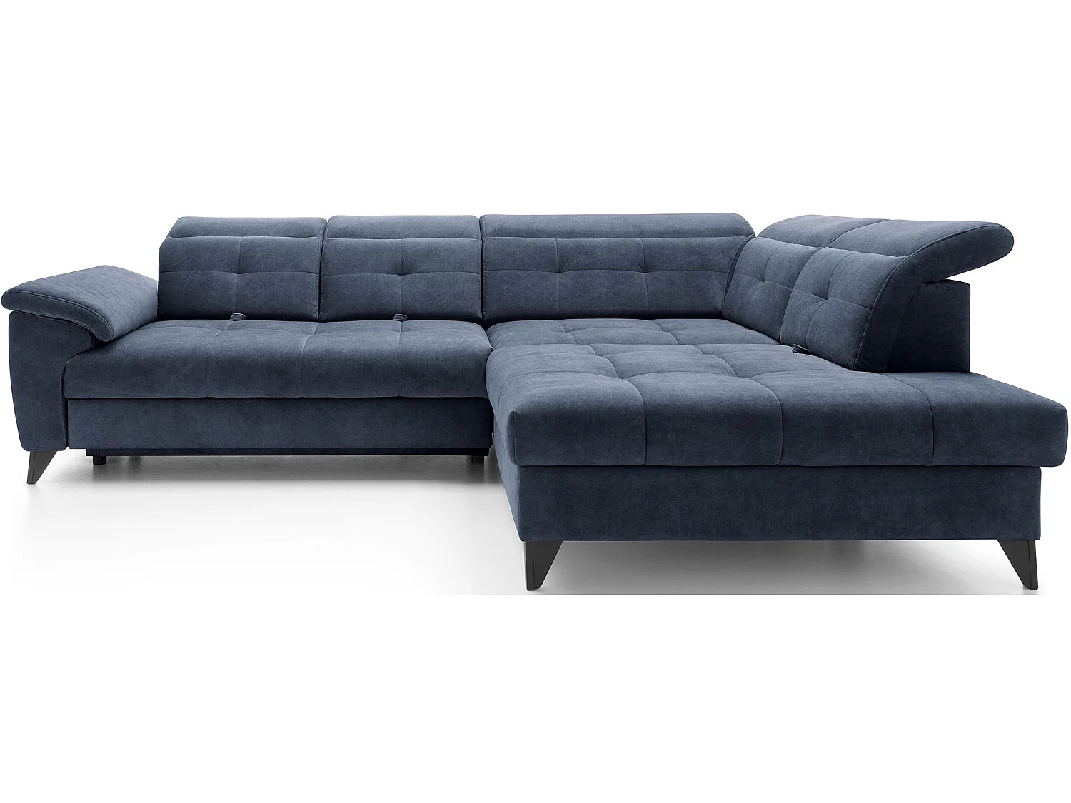 Canapé d'angle convertible tissu velouté KARIN - Coffre et appuis-tête réglables-Bleu marine-angle droit