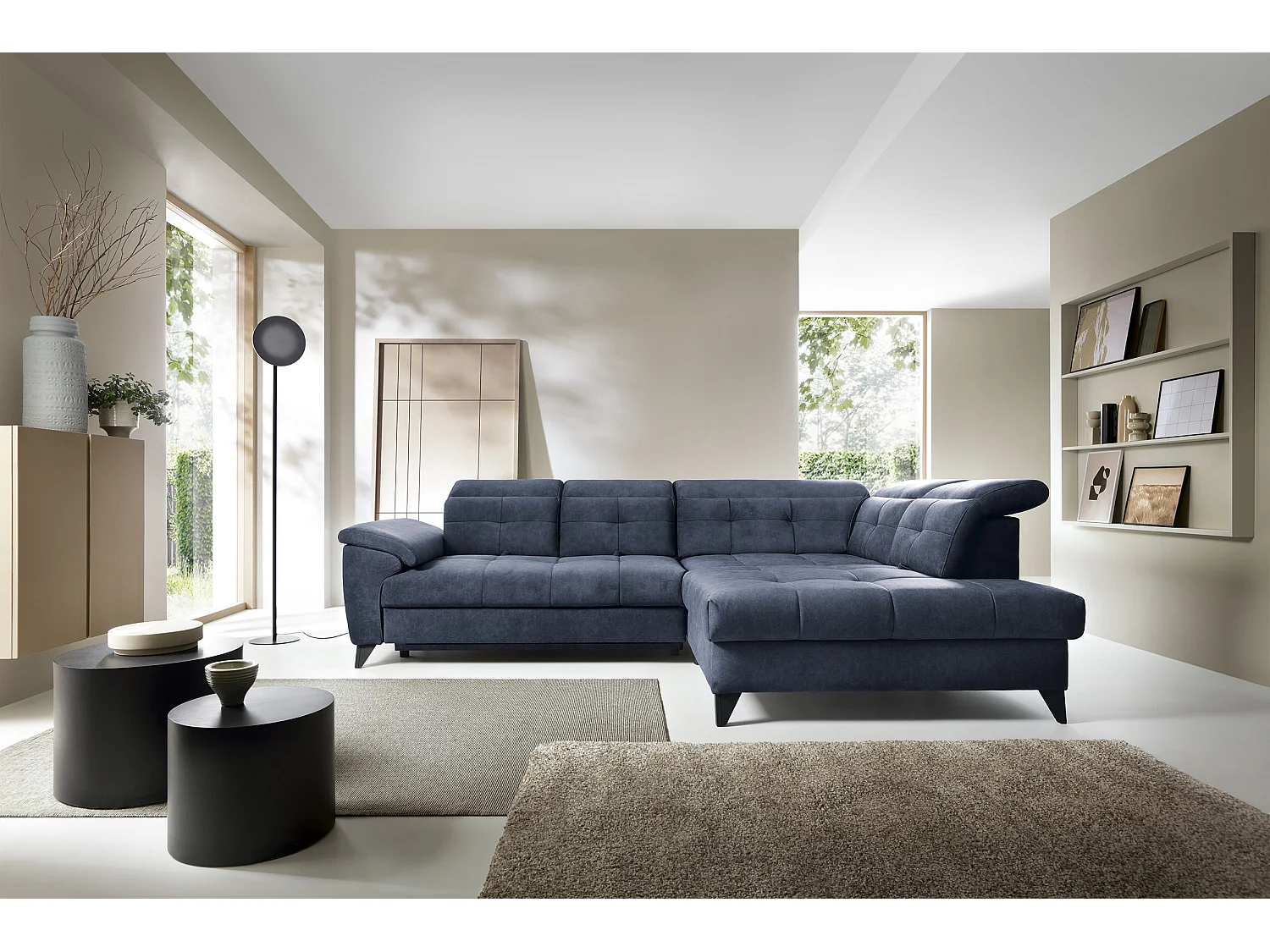 Canapé d'angle convertible tissu velouté KARIN - Coffre et appuis-tête réglables-Bleu marine-angle droit