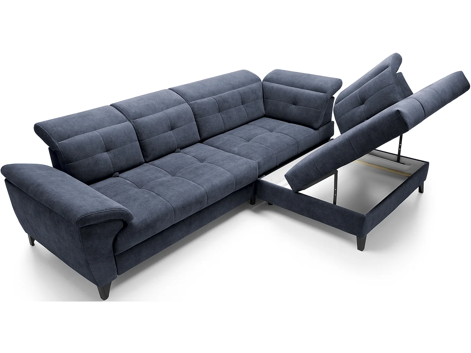 Canapé d'angle convertible tissu velouté KARIN - Coffre et appuis-tête réglables-Bleu marine-angle droit