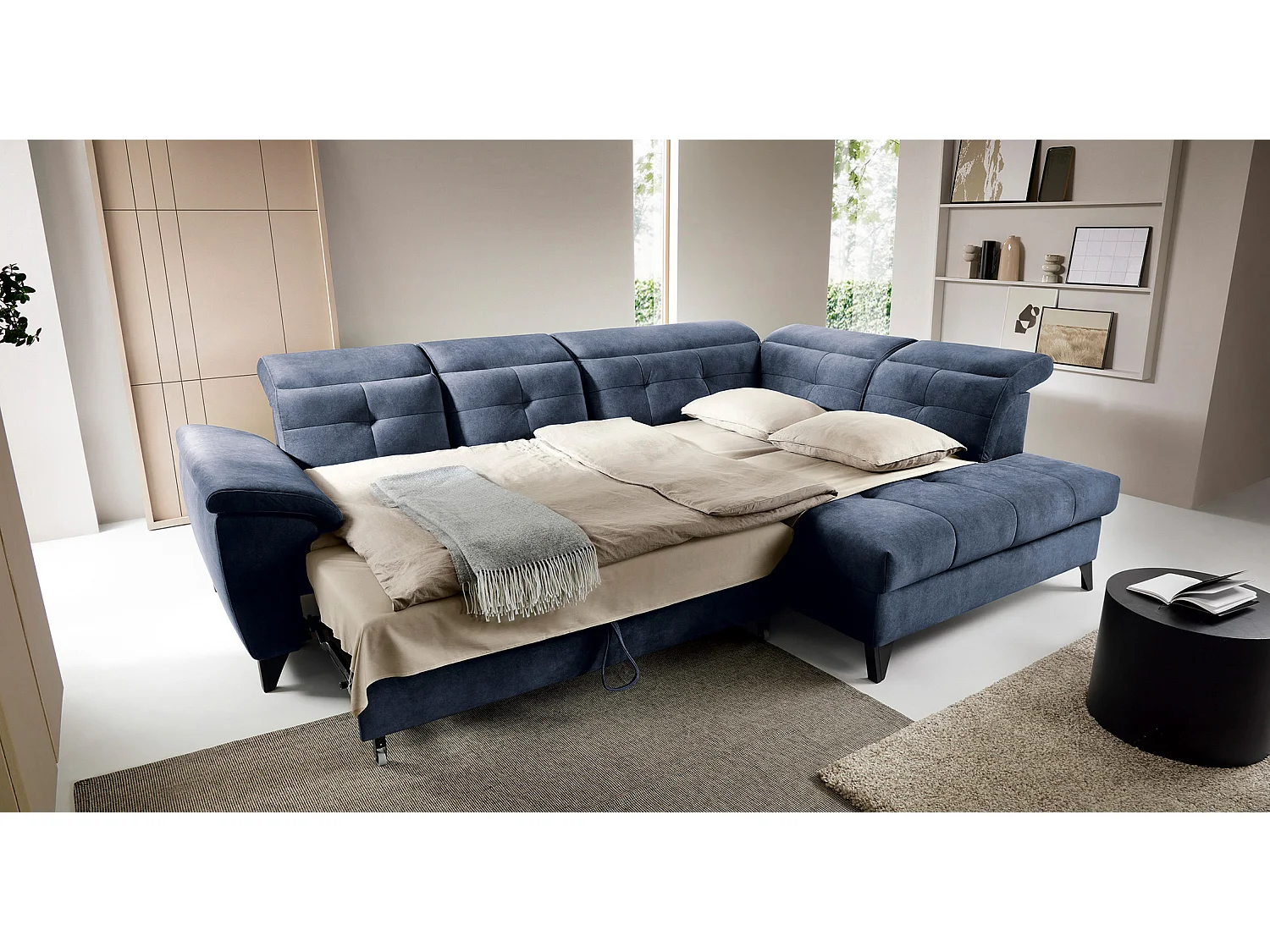 Canapé d'angle convertible tissu velouté KARIN - Coffre et appuis-tête réglables-Bleu marine-angle droit