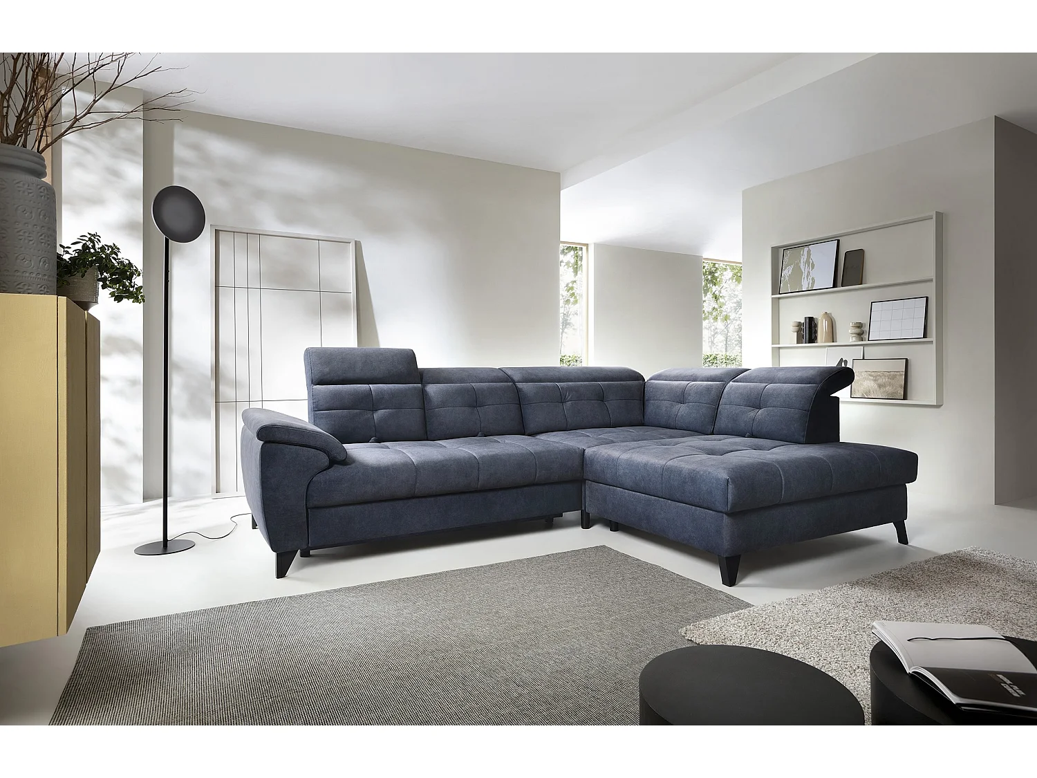 Canapé d'angle convertible tissu velouté KARIN - Coffre et appuis-tête réglables-Bleu marine-angle droit