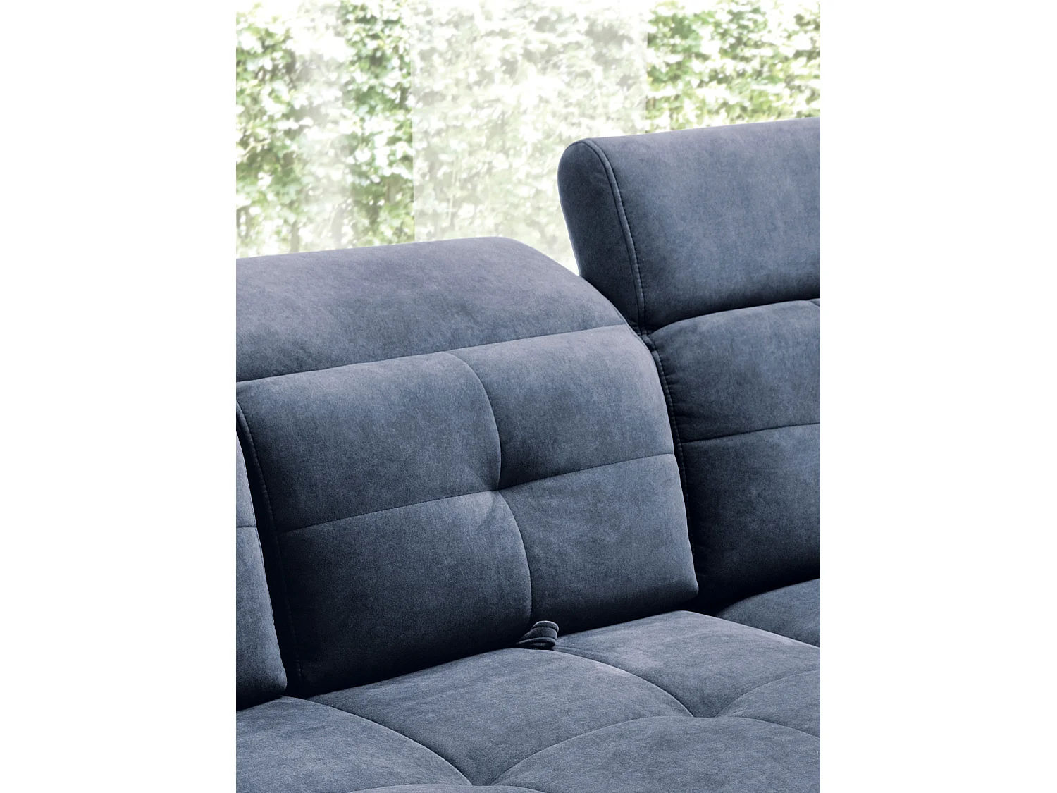 Canapé d'angle convertible tissu velouté KARIN - Coffre et appuis-tête réglables-Bleu marine-angle droit