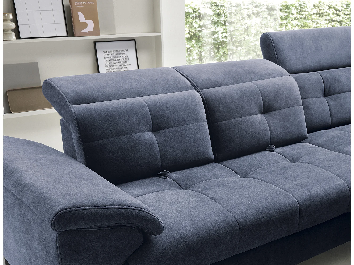 Canapé d'angle convertible tissu velouté KARIN - Coffre et appuis-tête réglables-Bleu marine-angle droit