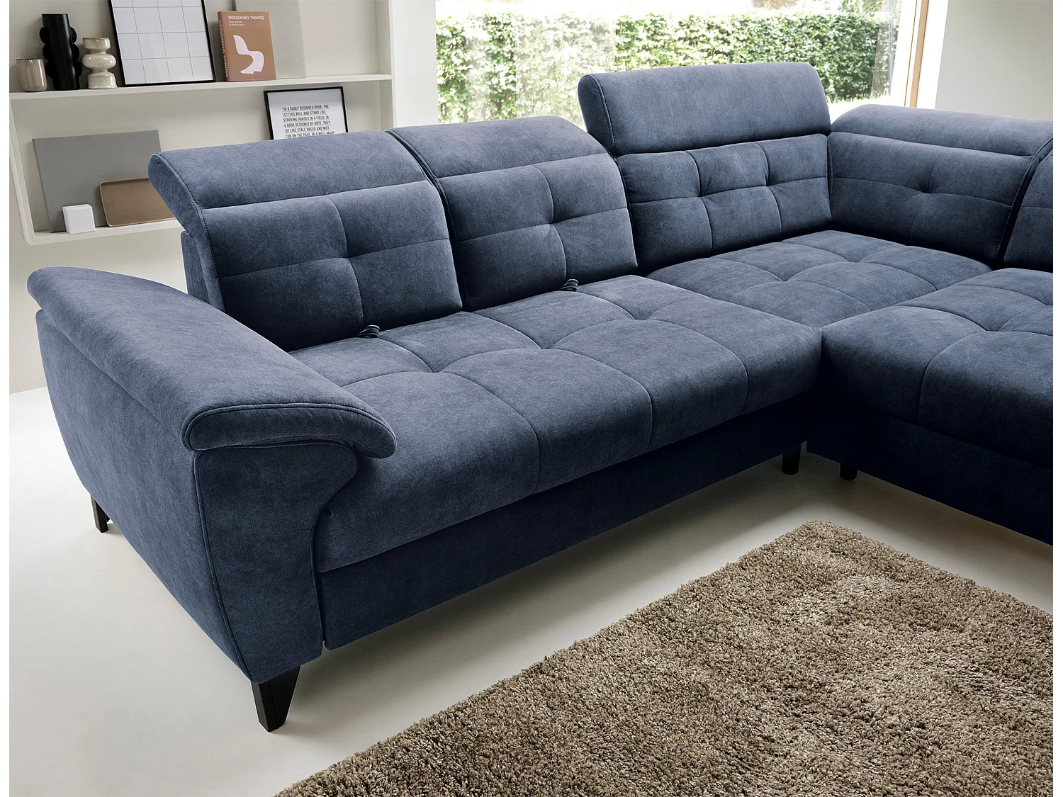 Canapé d'angle convertible tissu velouté KARIN - Coffre et appuis-tête réglables-Bleu marine-angle droit